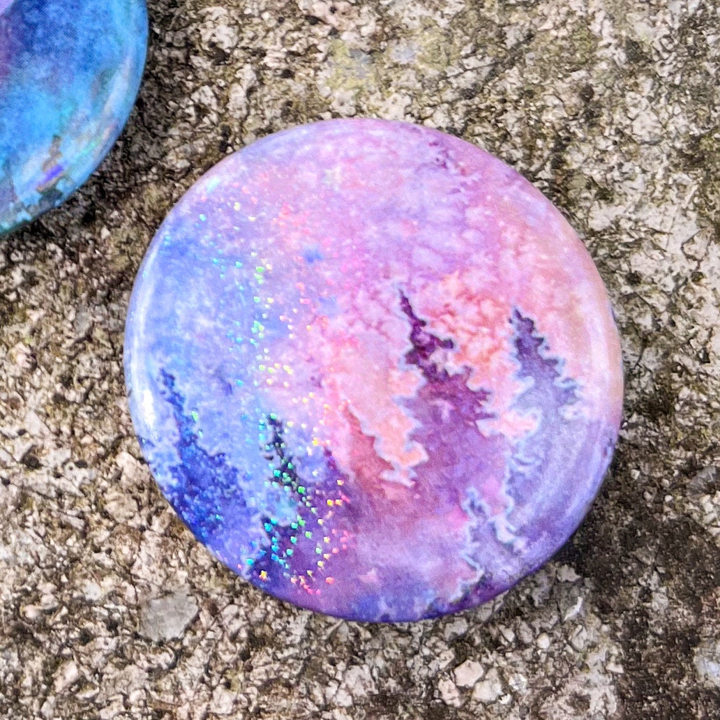 Fancy Button Art Pins 1.5”, Various Designs, Wearable Watercolor Art, Holographic and Glitter