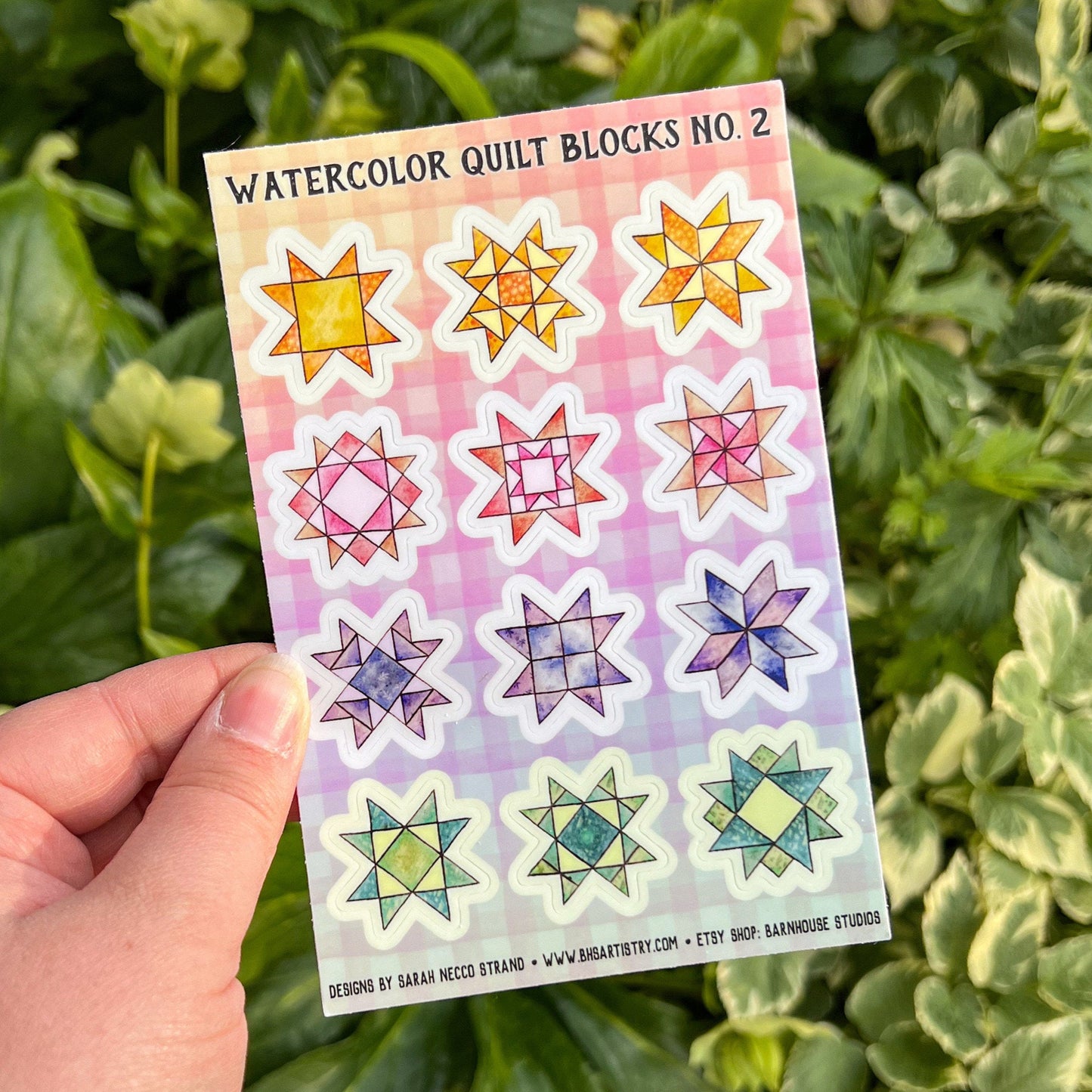 Rainbow Quilt Block Sticker Sheet, Set of 12 Mini Stickers, Durable Waterproof and Weatherproof Vinyl