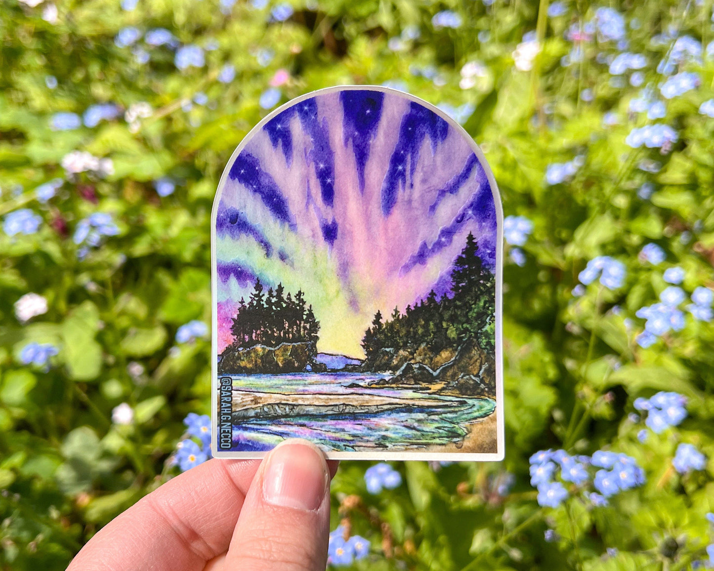 Aurora on the Olympic Peninsula, WA 3” Matte Holographic Vinyl Die Cut Stickers, 2024 Solar Storm