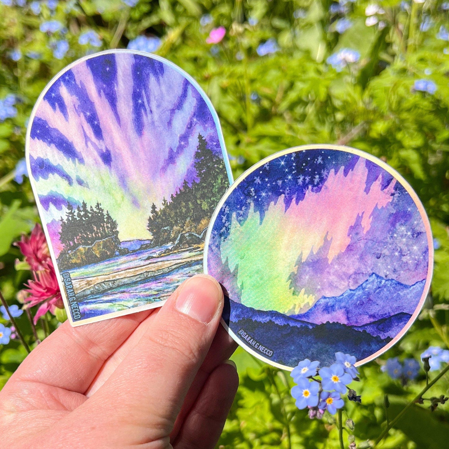 Aurora at Salt Creek, Olympic Peninsula, WA 3” Matte Holographic Vinyl Die Cut Stickers, 2024 Solar Storm
