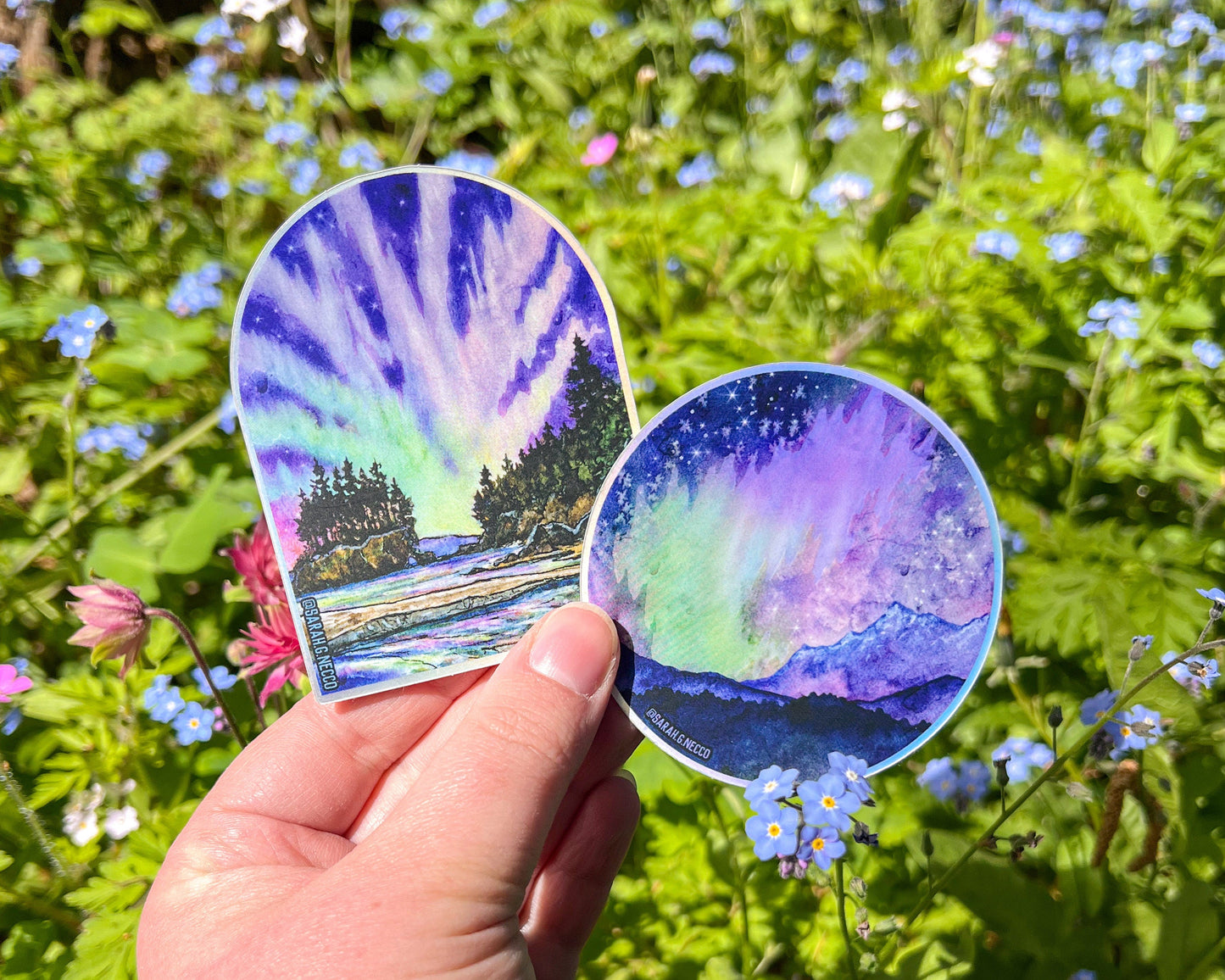 Aurora on the Olympic Peninsula, WA 3” Matte Holographic Vinyl Die Cut Stickers, 2024 Solar Storm