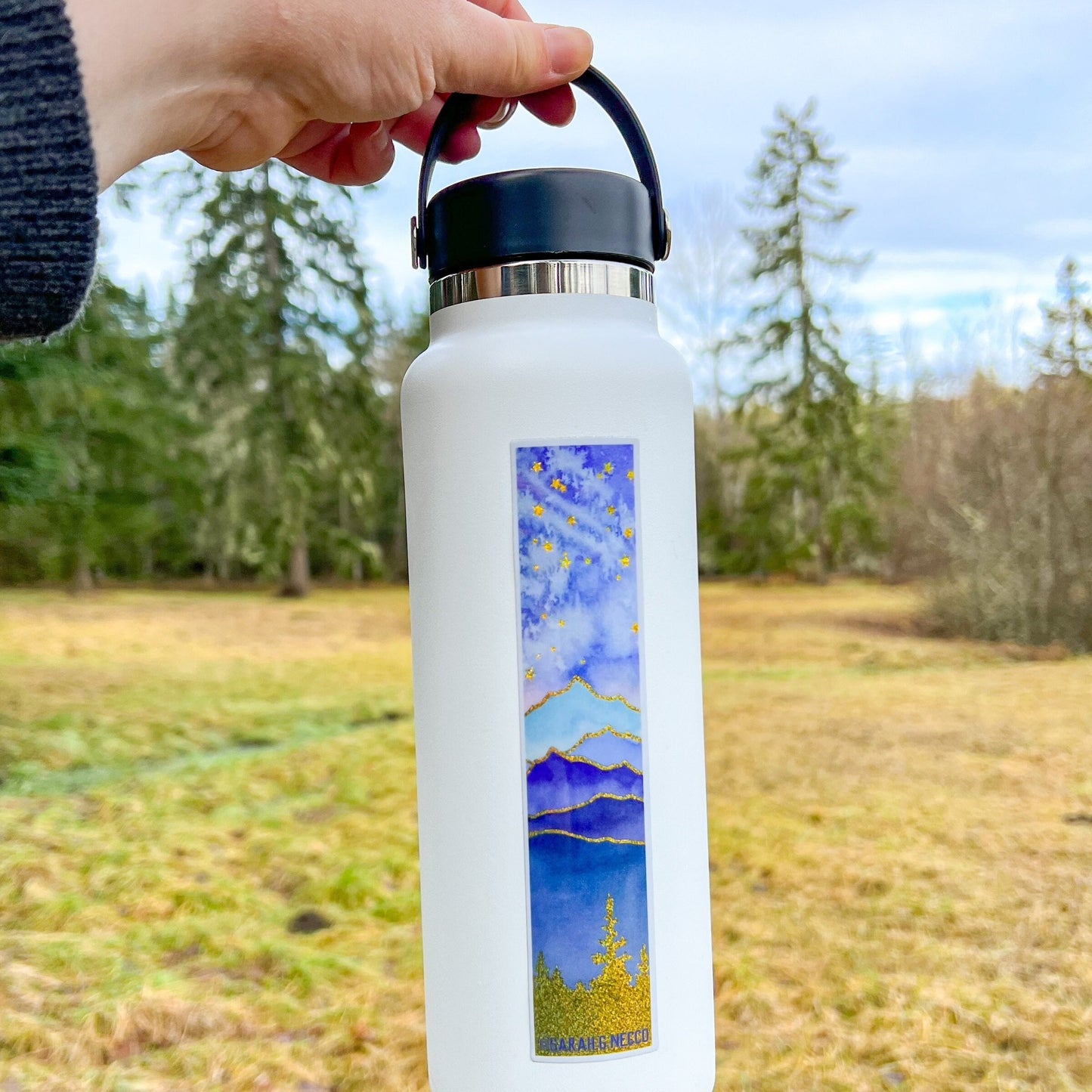 Layered Blue Mountains Tallscape™ Sticker, 7" Tall Gold Glitter Vinyl