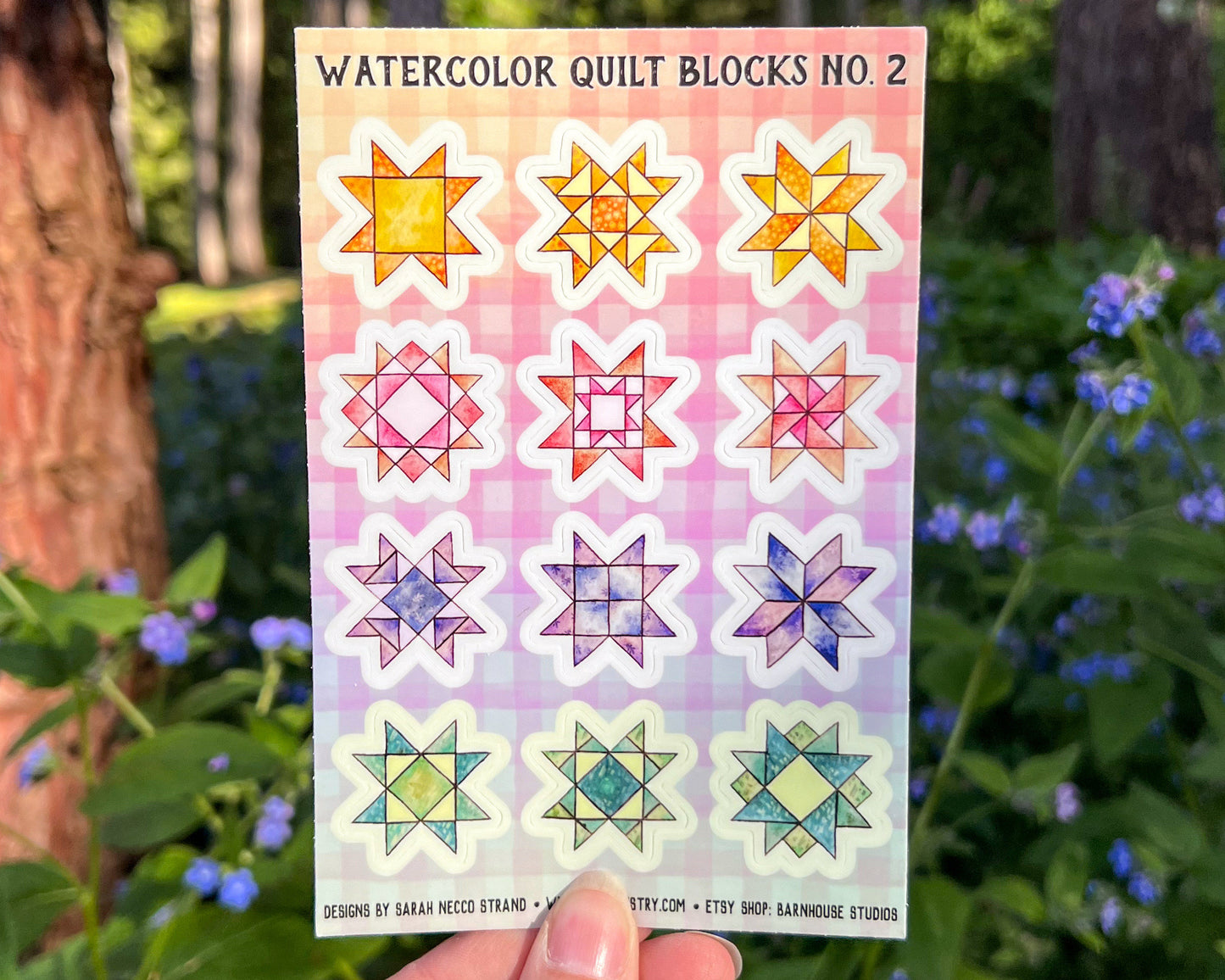 Rainbow Quilt Block Sticker Sheet, Set of 12 Mini Stickers, Durable Waterproof and Weatherproof Vinyl