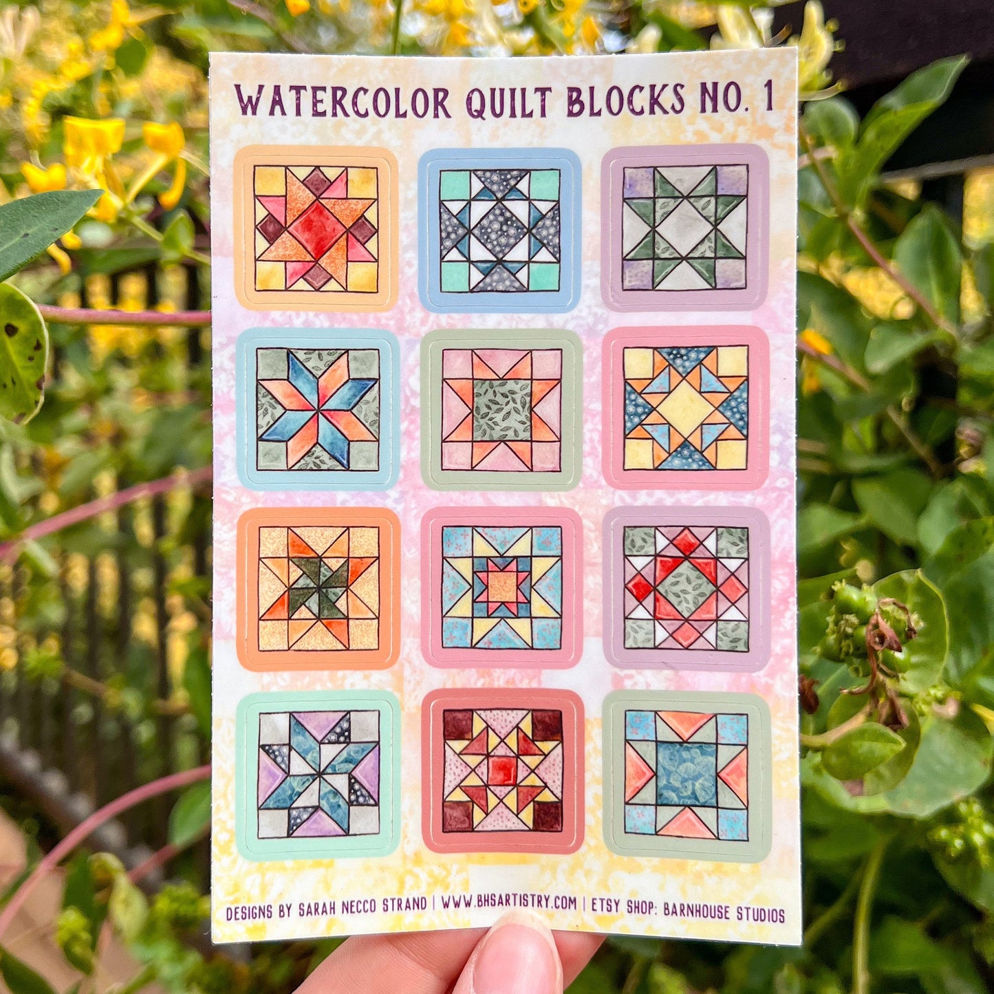 Square Quilt Block Sticker Sheet, Set of 12 Mini Stickers