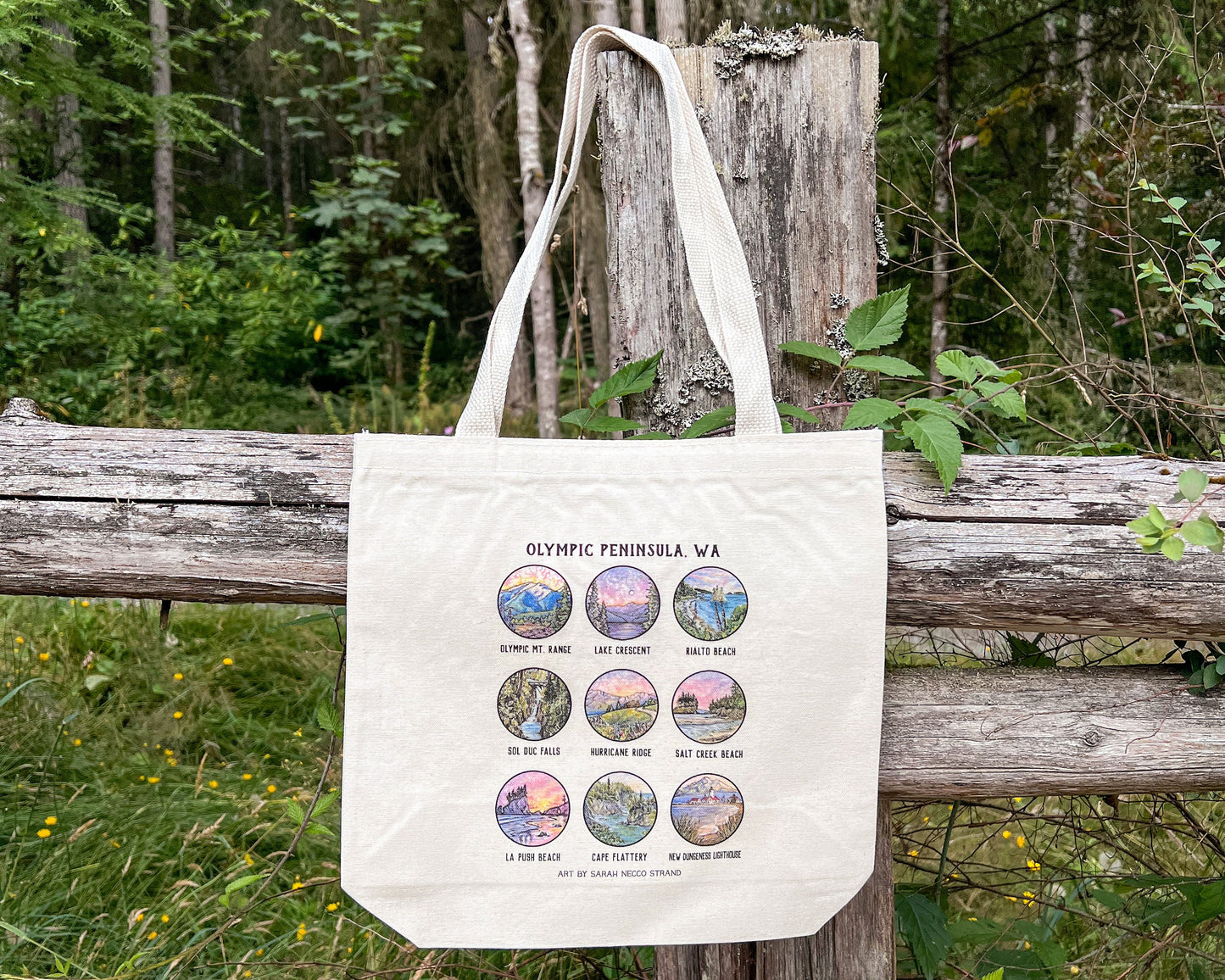 Places Around the Olympic Peninsula Tote Bag, 13”x13” Gusseted High Quality Canvas, Watercolor Art