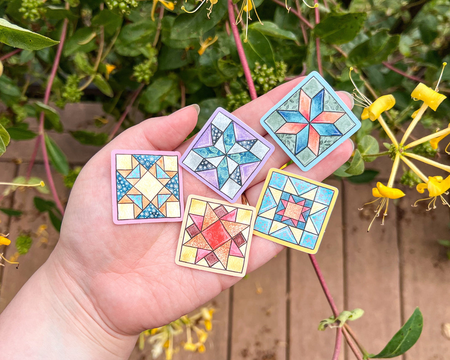 Set of 5 Small 1.5” Square Quilt Blocks, Matte Vinyl Stickers, Waterproof and Weatherproof