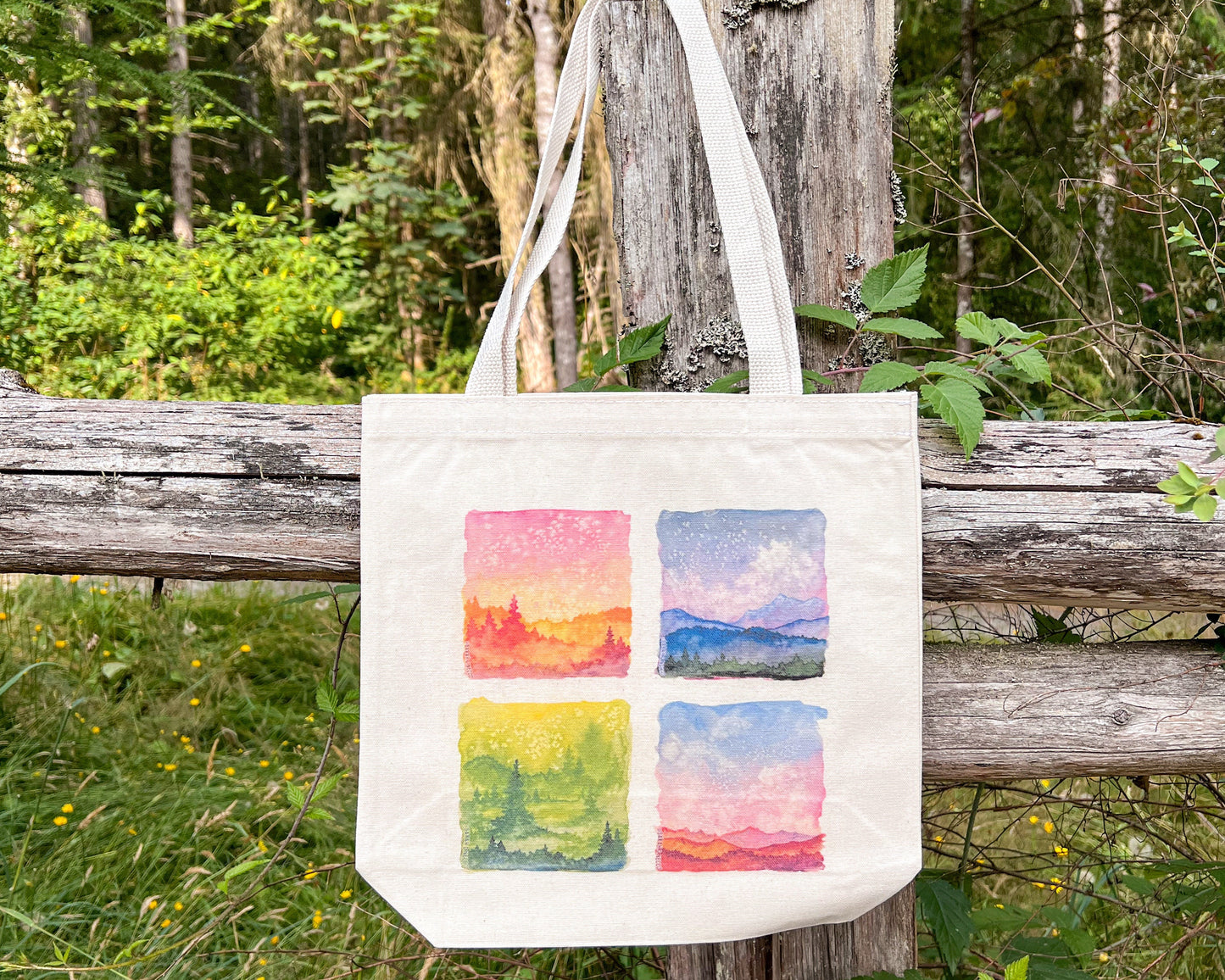 Watercolor Landscape Squares Tote Bag, 13”x13” Gusseted High Quality Canvas, Watercolor Art