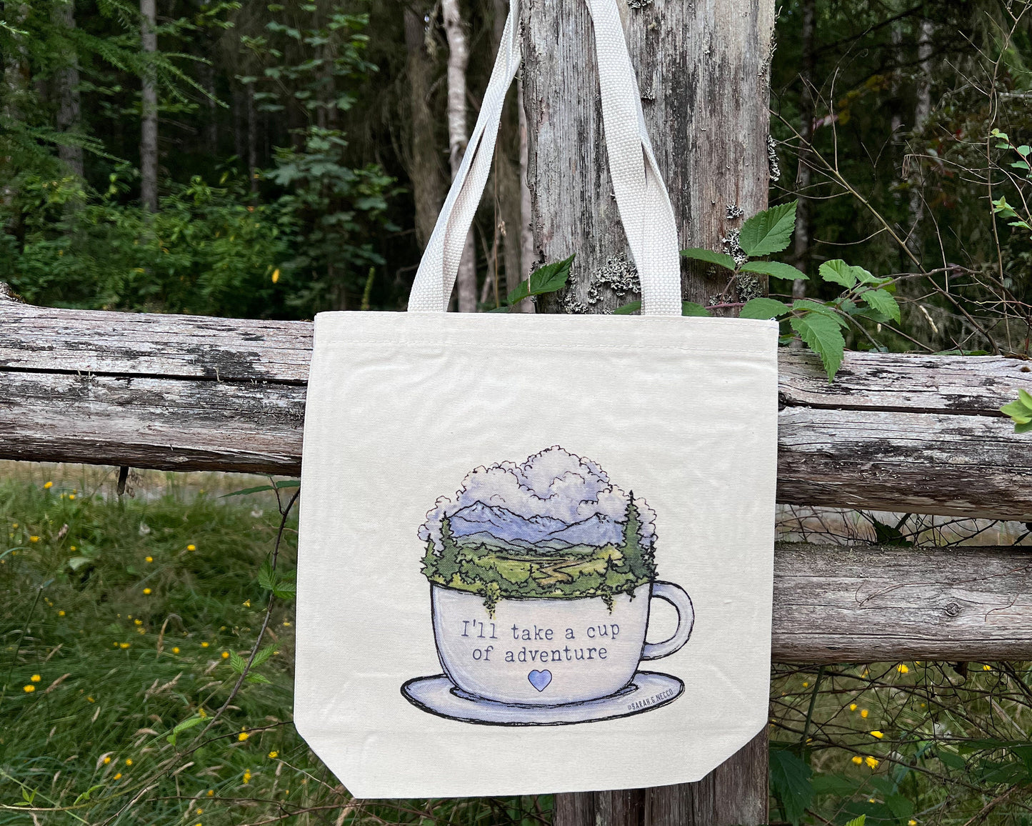 Cup of Adventure Tote Bag, 13”x13” Gusseted High Quality Canvas, Watercolor Art
