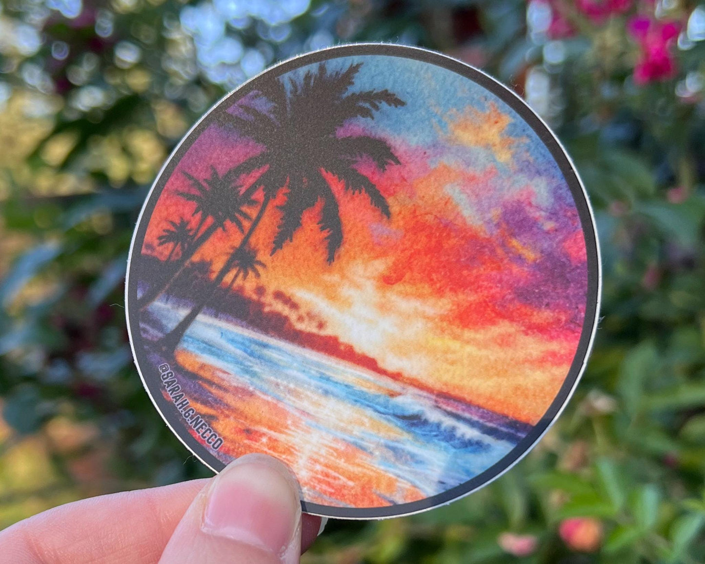 Sunset Paradise Beach and Palm Trees , 3" Matte Vinyl Circle Sticker, Waterproof and Dishwasher Safe, Digital Watercolor Illustration