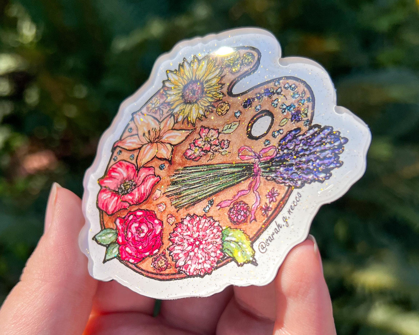 Flower Artist Paint Palette, 3” Glittering Acrylic Magnet