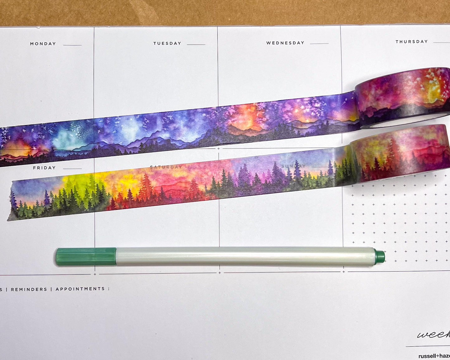 Set of 2 Watercolor Landscape Washi Tape, Size 2cm Wide by 10m Long, Treescape and Mountainscape
