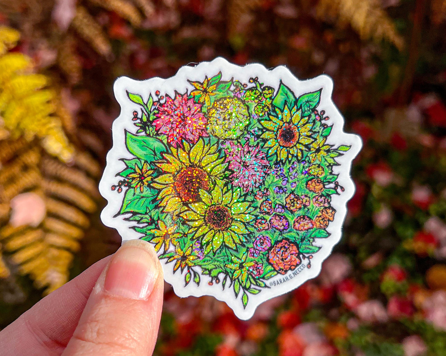 Limited Edition* Summer Flowers Ball, 3” Matte Holo and Glitter Vinyl Sticker, Waterproof and Dishwasher Safe