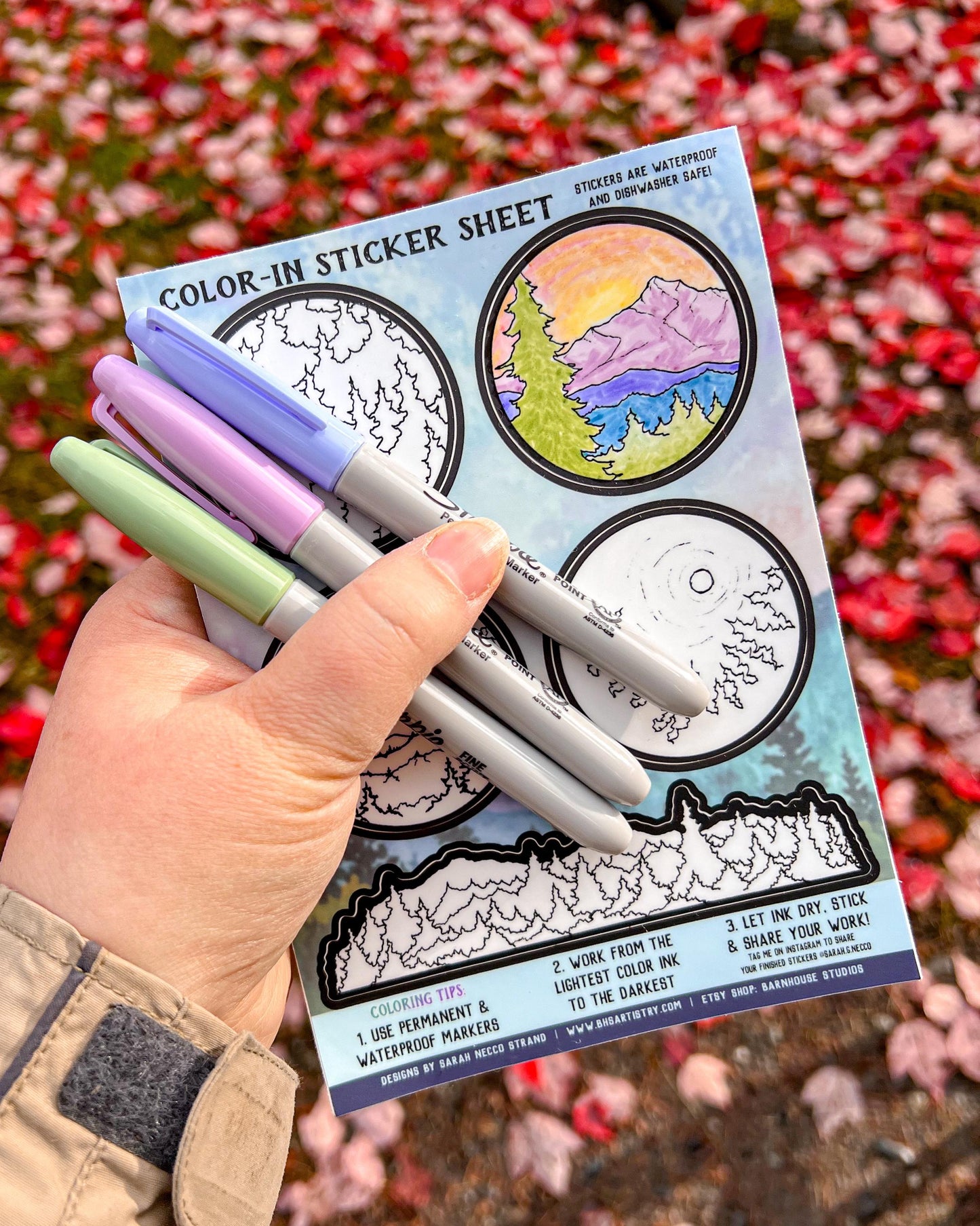Color-In PNW Landscaps Sticker Sheet 5"x7", for Kids & Adults