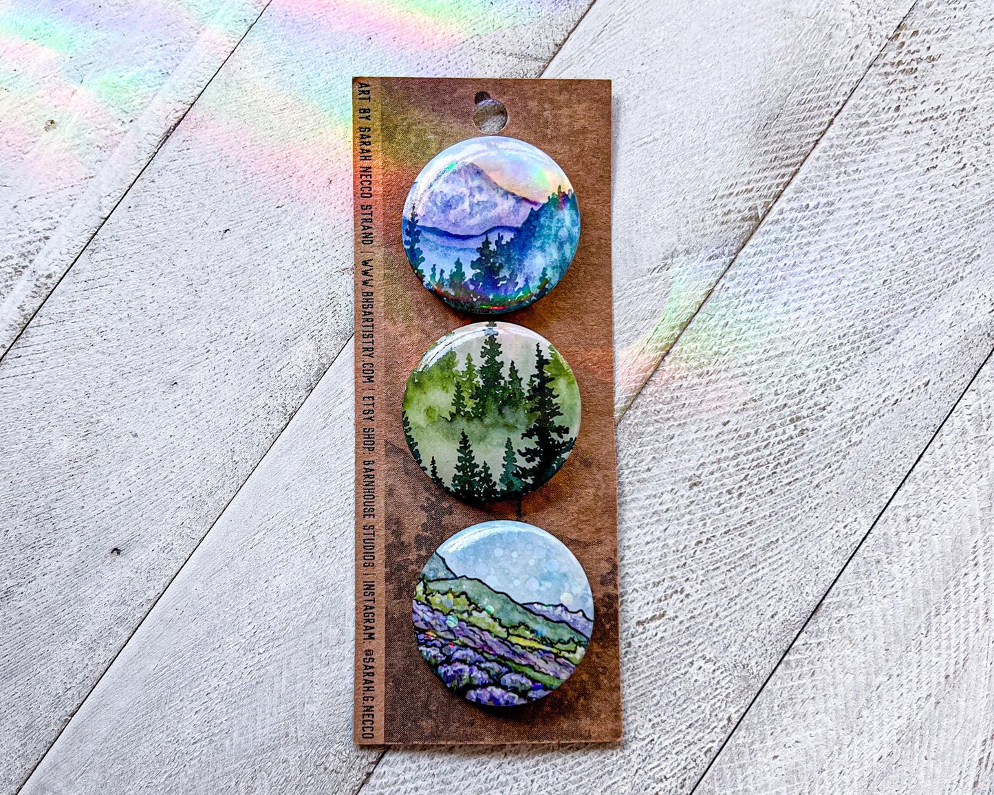 Set of 3 Art Pins, Size 1.5” Round, Various Designs, Wearable Watercolor Art, Holographic and Glitter Buttons