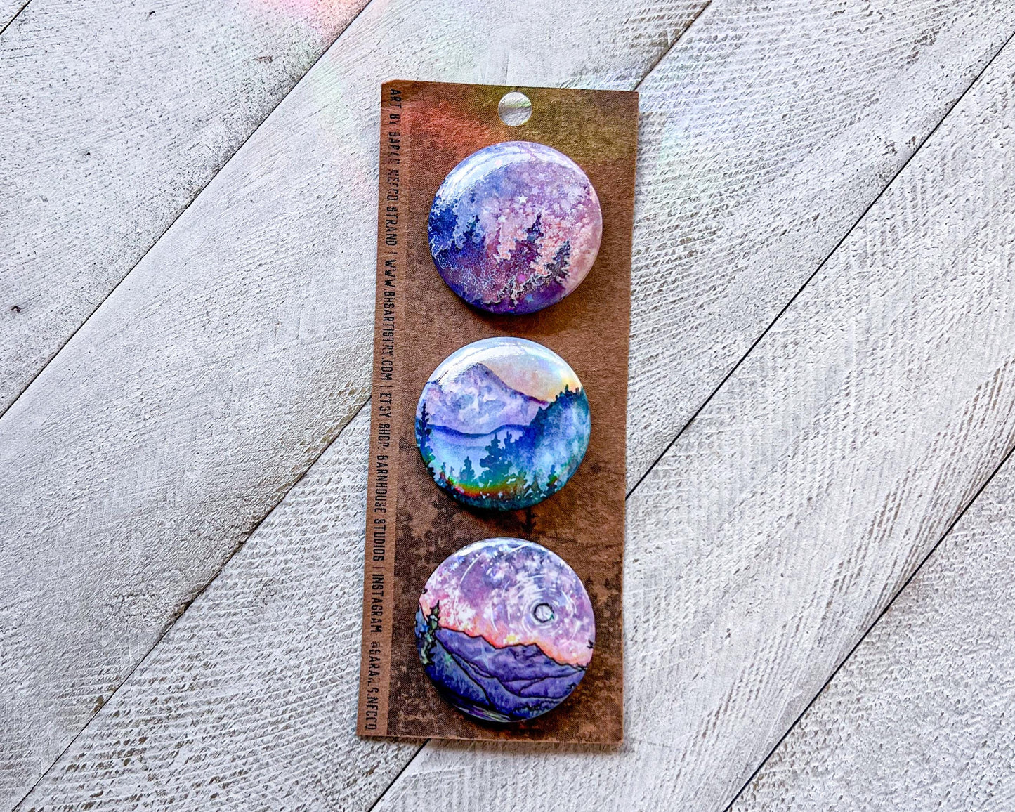 Set of 3 Art Pins, Size 1.5” Round, Various Designs, Wearable Watercolor Art, Holographic and Glitter Buttons