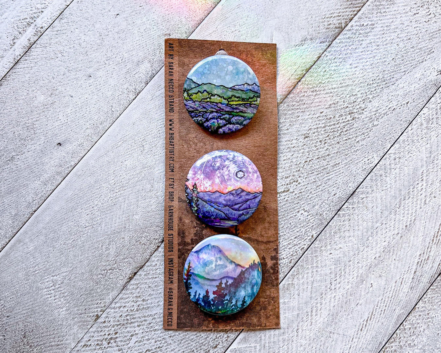 Set of 3 Art Pins, Size 1.5” Round, Various Designs, Wearable Watercolor Art, Holographic and Glitter Buttons