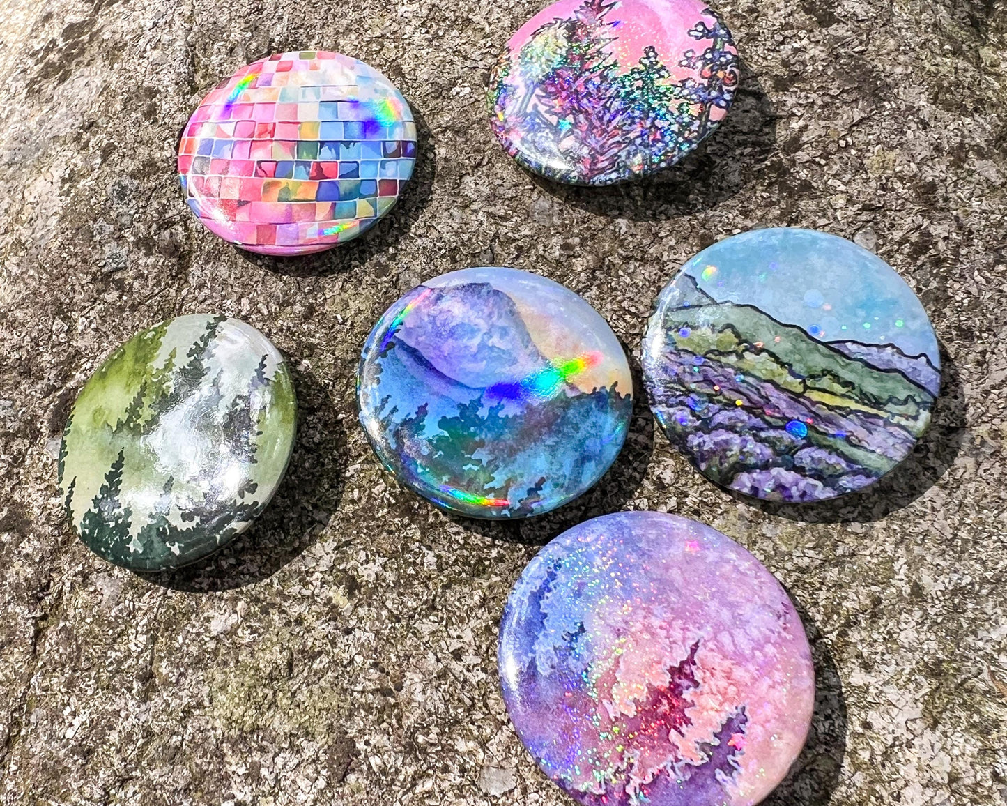 Fancy Button Art Pins 1.5”, Various Designs, Wearable Watercolor Art, Holographic and Glitter
