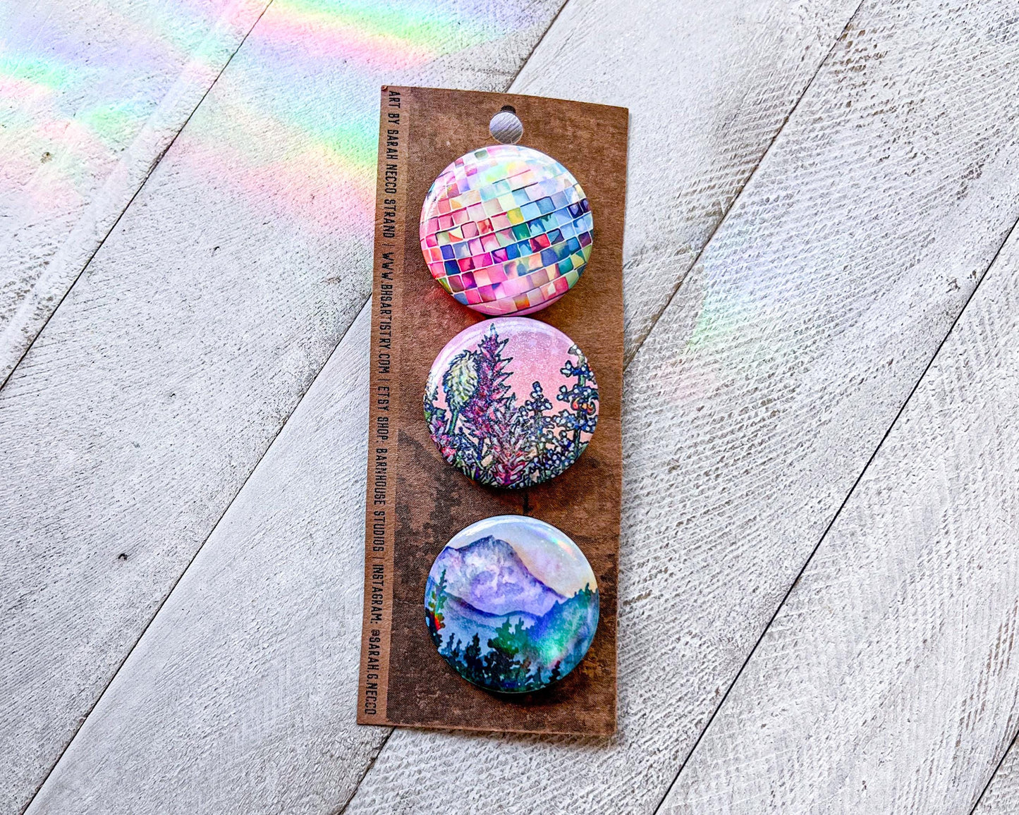 Set of 3 Art Pins, Size 1.5” Round, Various Designs, Wearable Watercolor Art, Holographic and Glitter Buttons