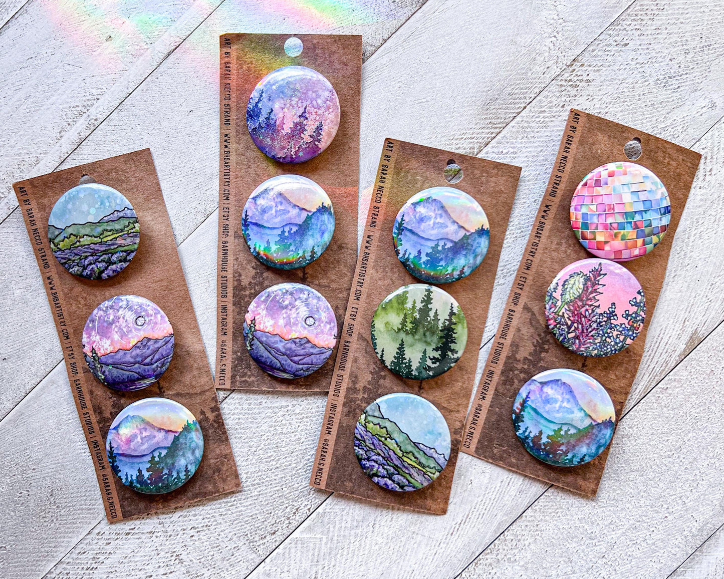 Set of 3 Art Pins, Size 1.5” Round, Various Designs, Wearable Watercolor Art, Holographic and Glitter Buttons
