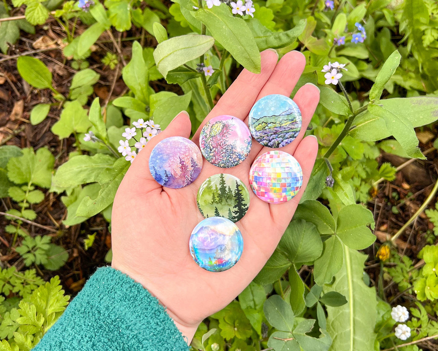 Fancy Button Art Pins 1.5”, Various Designs, Wearable Watercolor Art, Holographic and Glitter