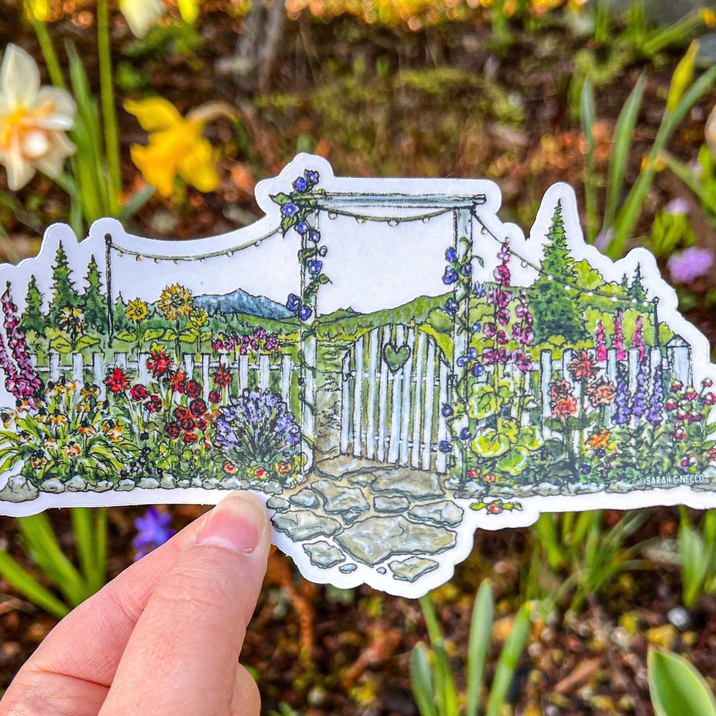 Flower Garden Gate Wrap Sticker, 3.5"x6" Clear or White Vinyl