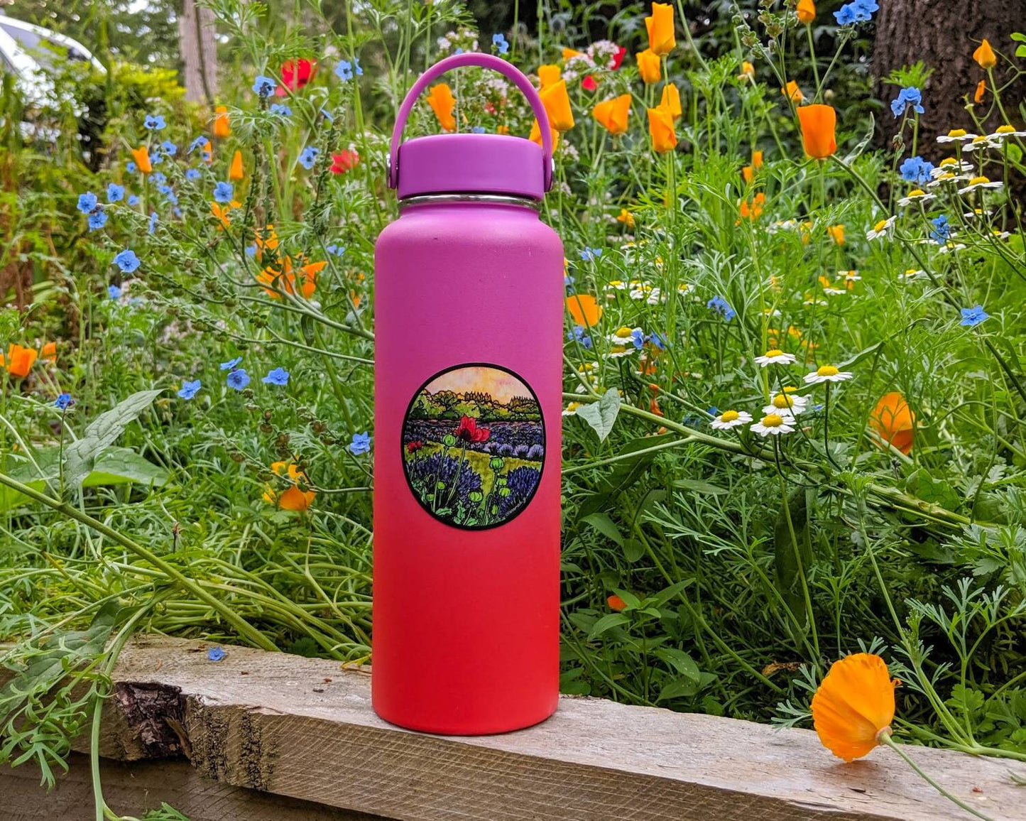 Poppies in the Lavender Field, 3" Circle Vinyl Sticker