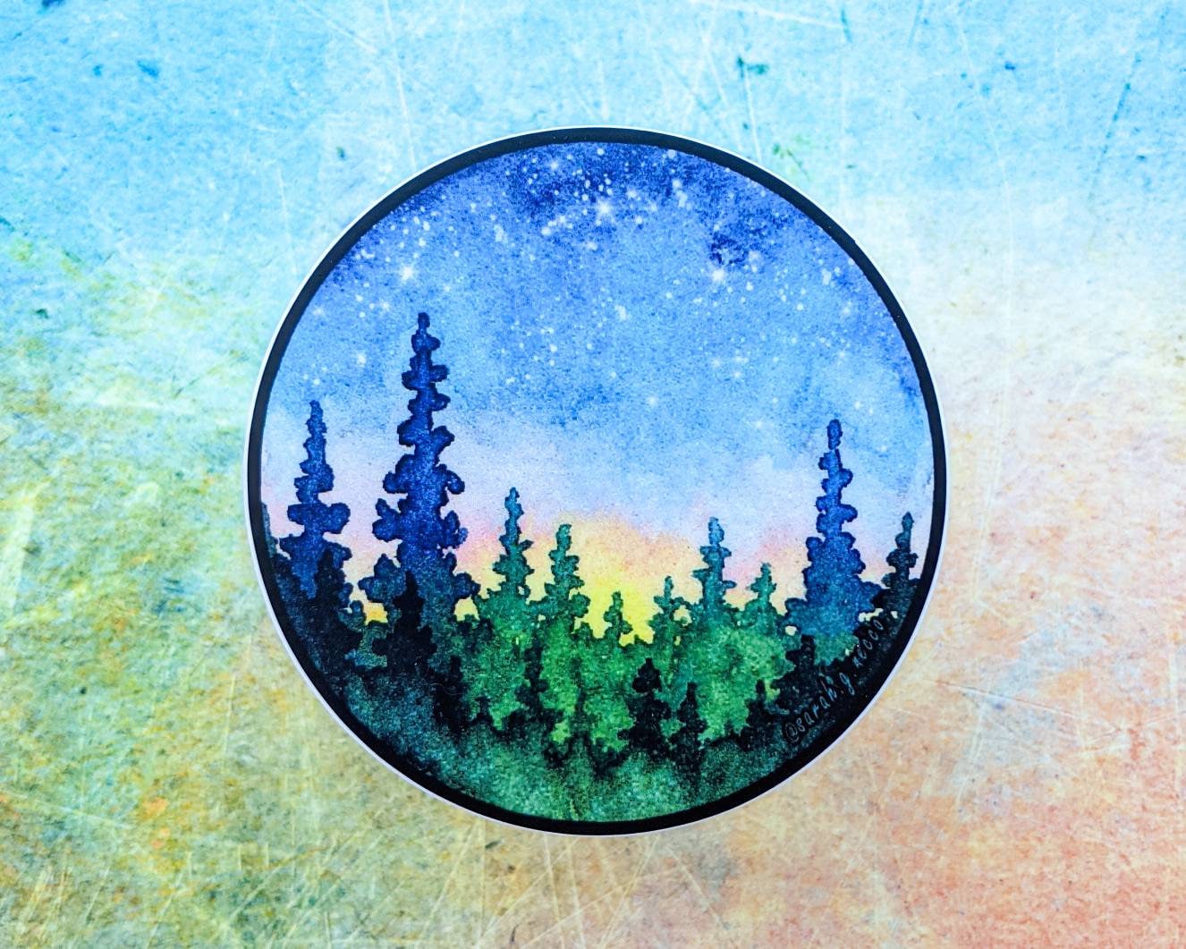 Sunrise Watercolor Forest, 3" Circle Vinyl Sticker