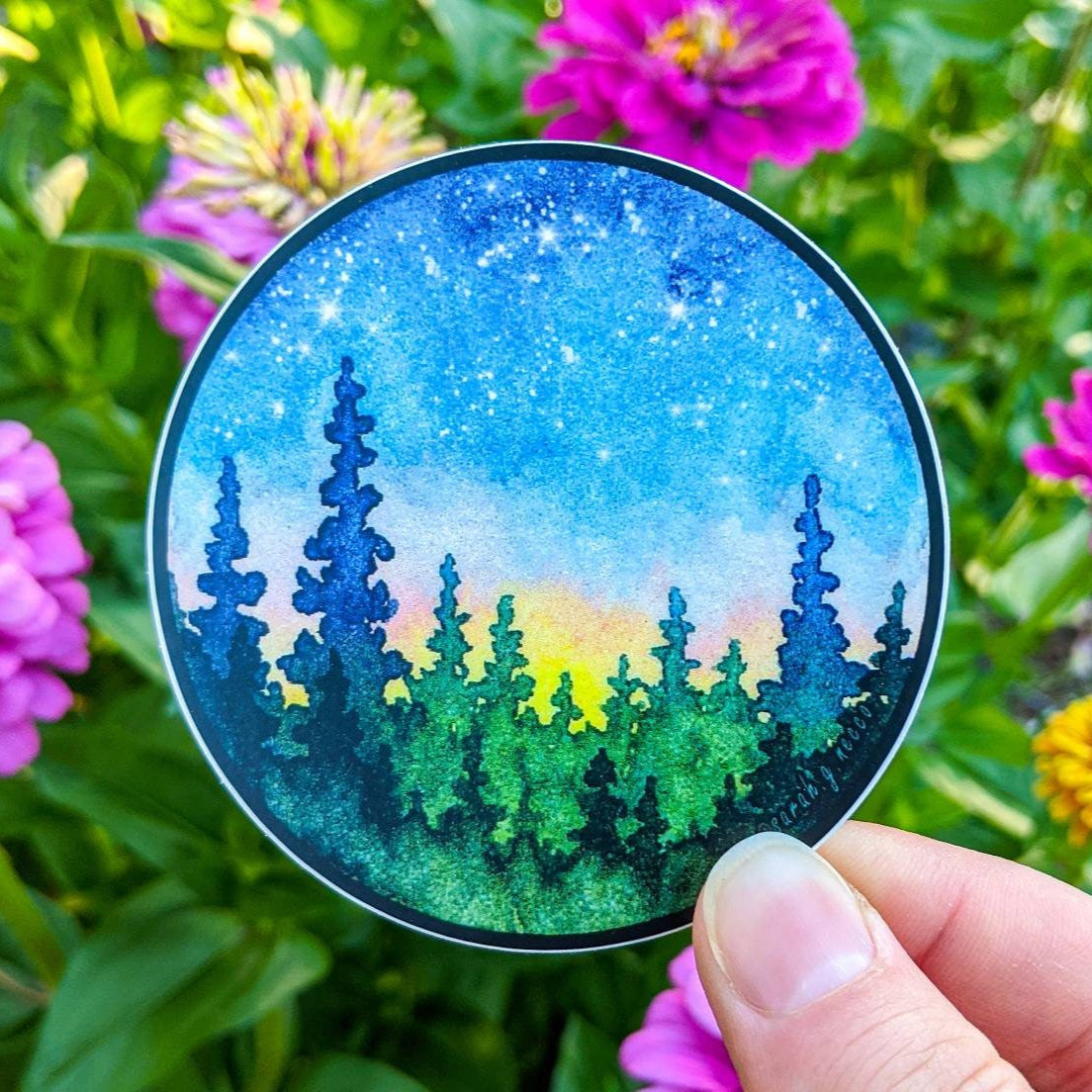 Sunrise Watercolor Forest, 3" Circle Vinyl Sticker