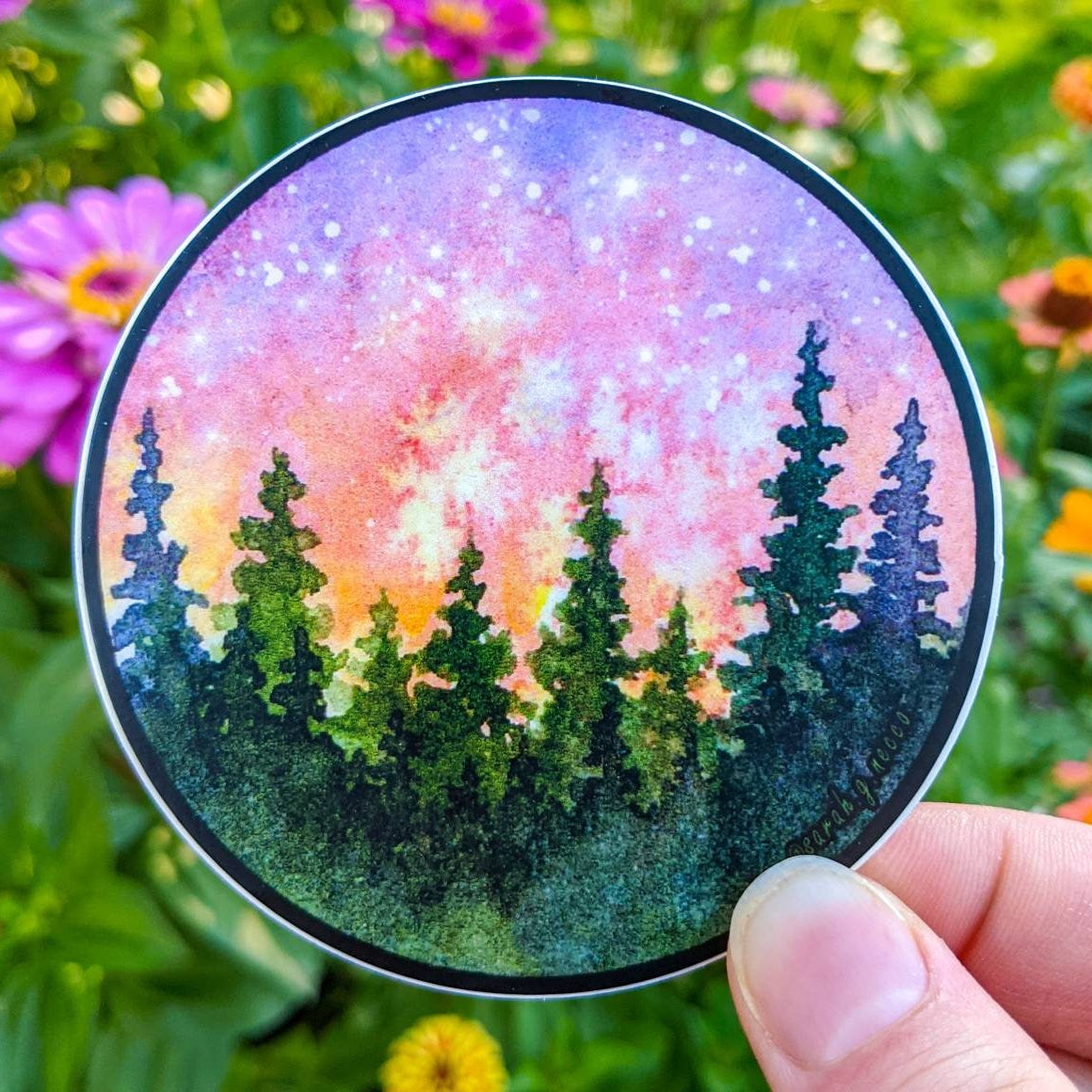 Sunset Watercolor Painting Forest & Galaxy, 3" Circle Vinyl Sticker