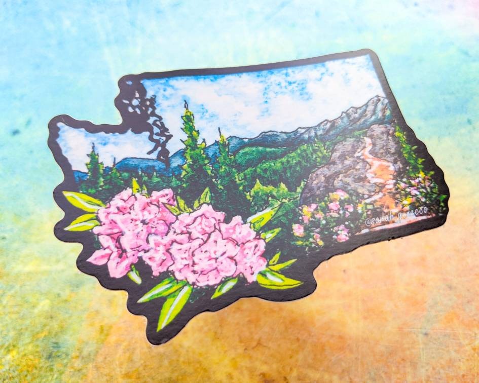 WA State Rhododendron Flower, 3" Vinyl Die-Cut Sticker, Waterproof & Dishwasher Safe, Black Outline
