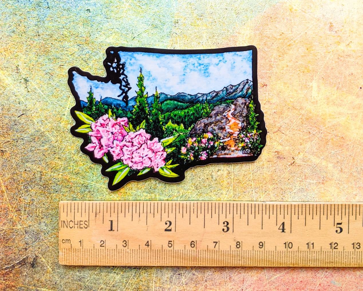 WA State Rhododendron Flower, 3" Vinyl Die-Cut Sticker, Waterproof & Dishwasher Safe, Black Outline