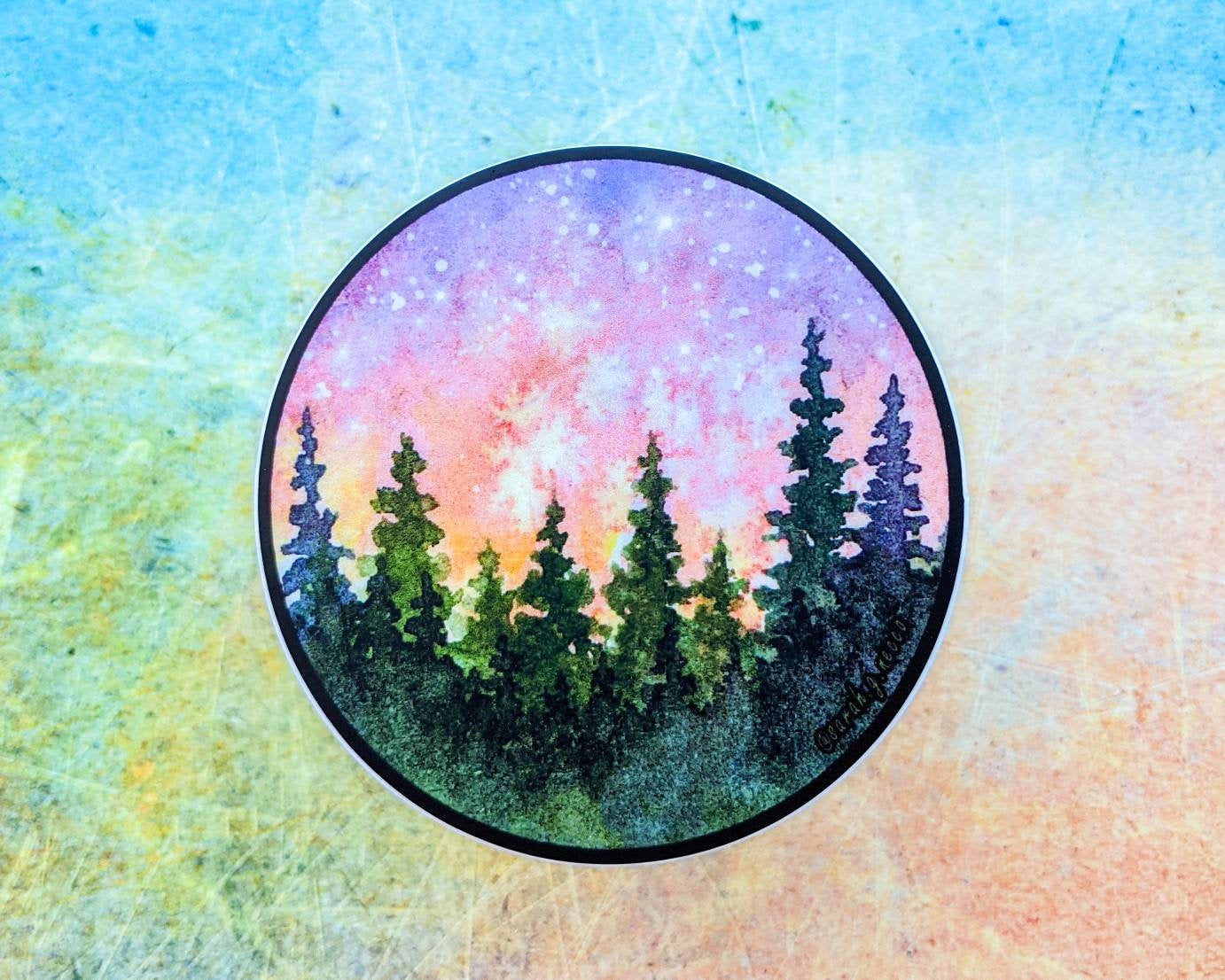 Sunset Watercolor Painting Forest & Galaxy, 3" Circle Vinyl Sticker