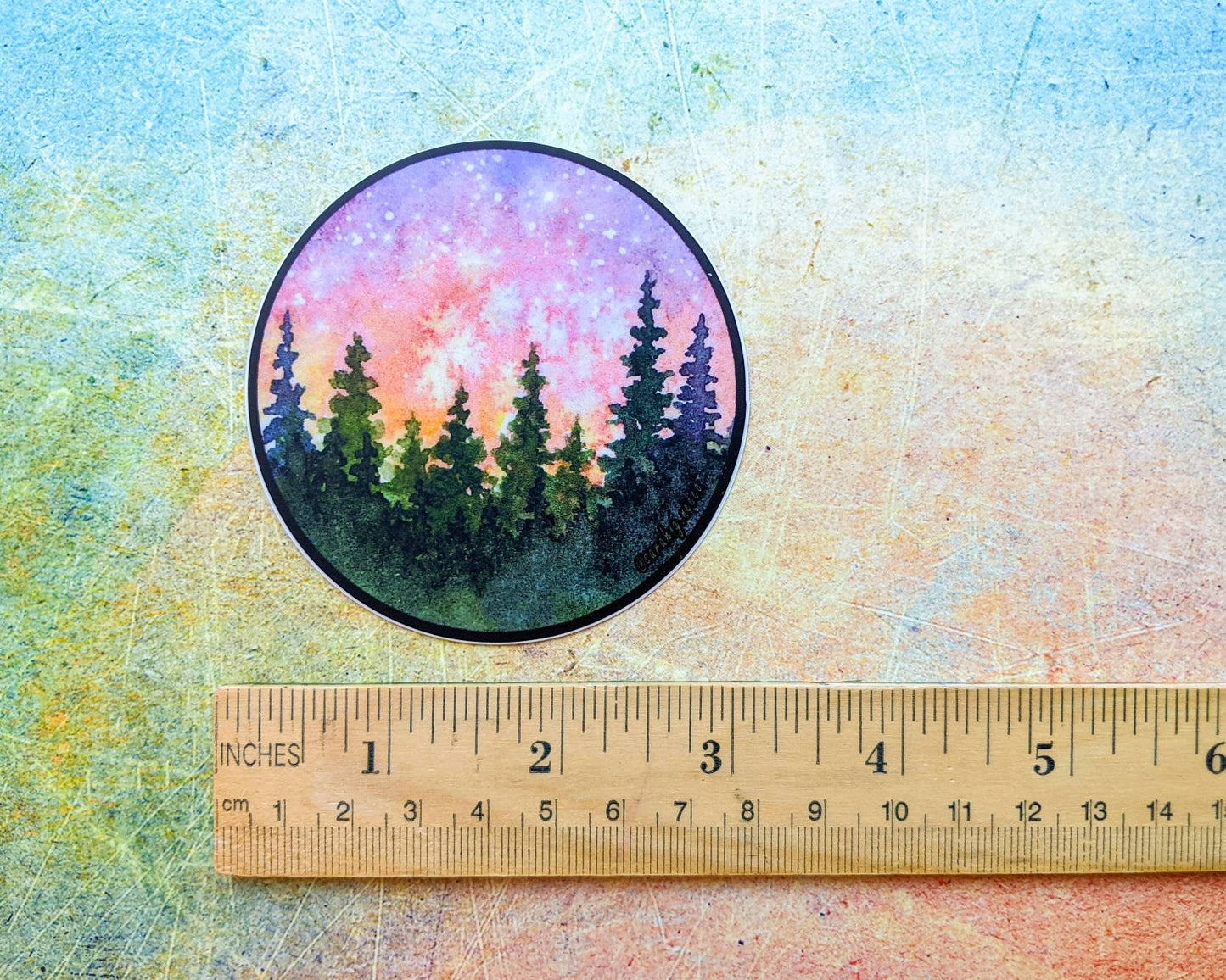Sunset Watercolor Painting Forest & Galaxy, 3" Circle Vinyl Sticker