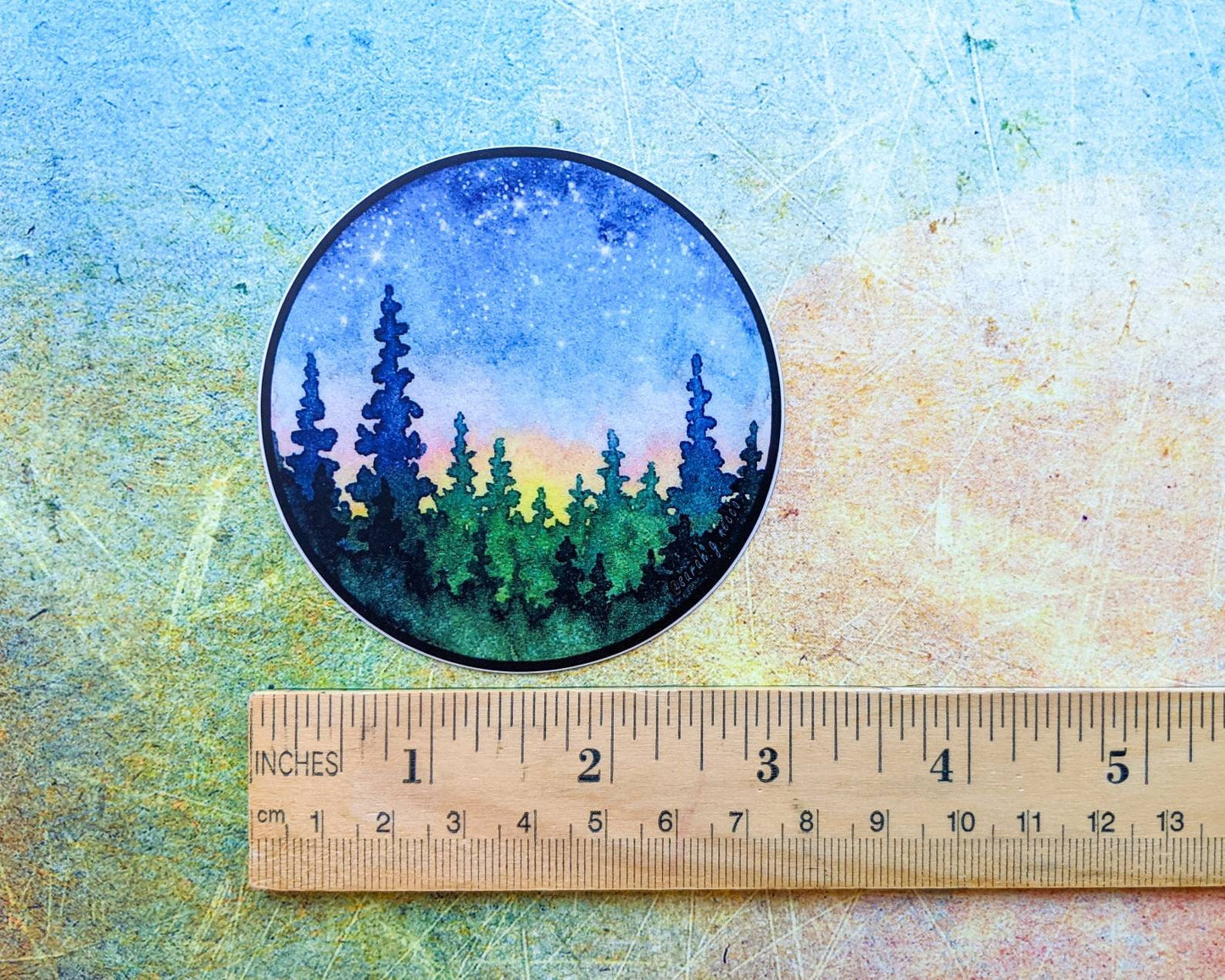 Sunrise Watercolor Forest, 3" Circle Vinyl Sticker