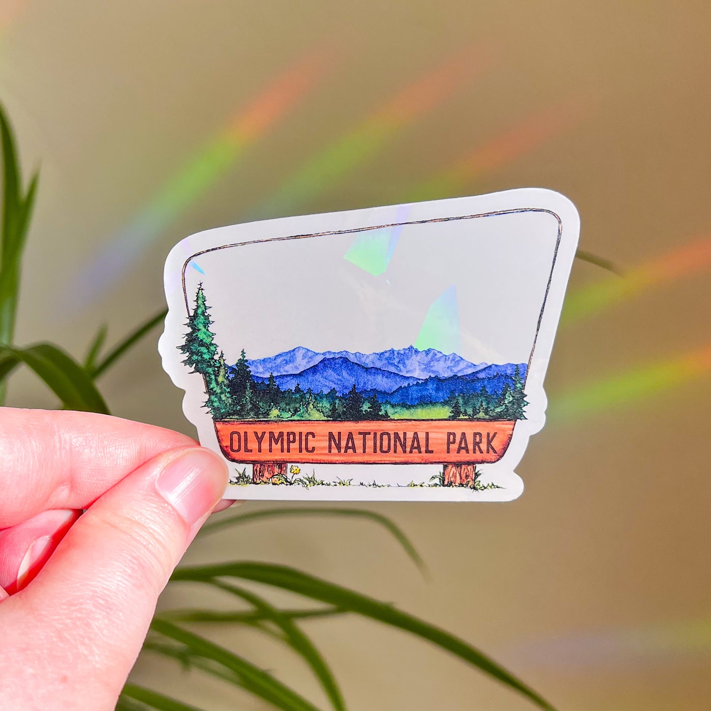 Olympic National Park Sign, 3.5" Window Suncatcher Sticker, Makes Amazing Fractal Rainbows!