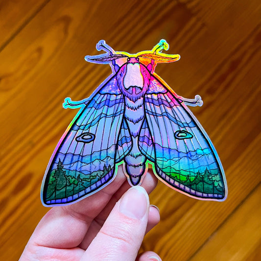 Mountain Moth, Watercolor Art Sticker, Holographic Vinyl 3" Die-Cut