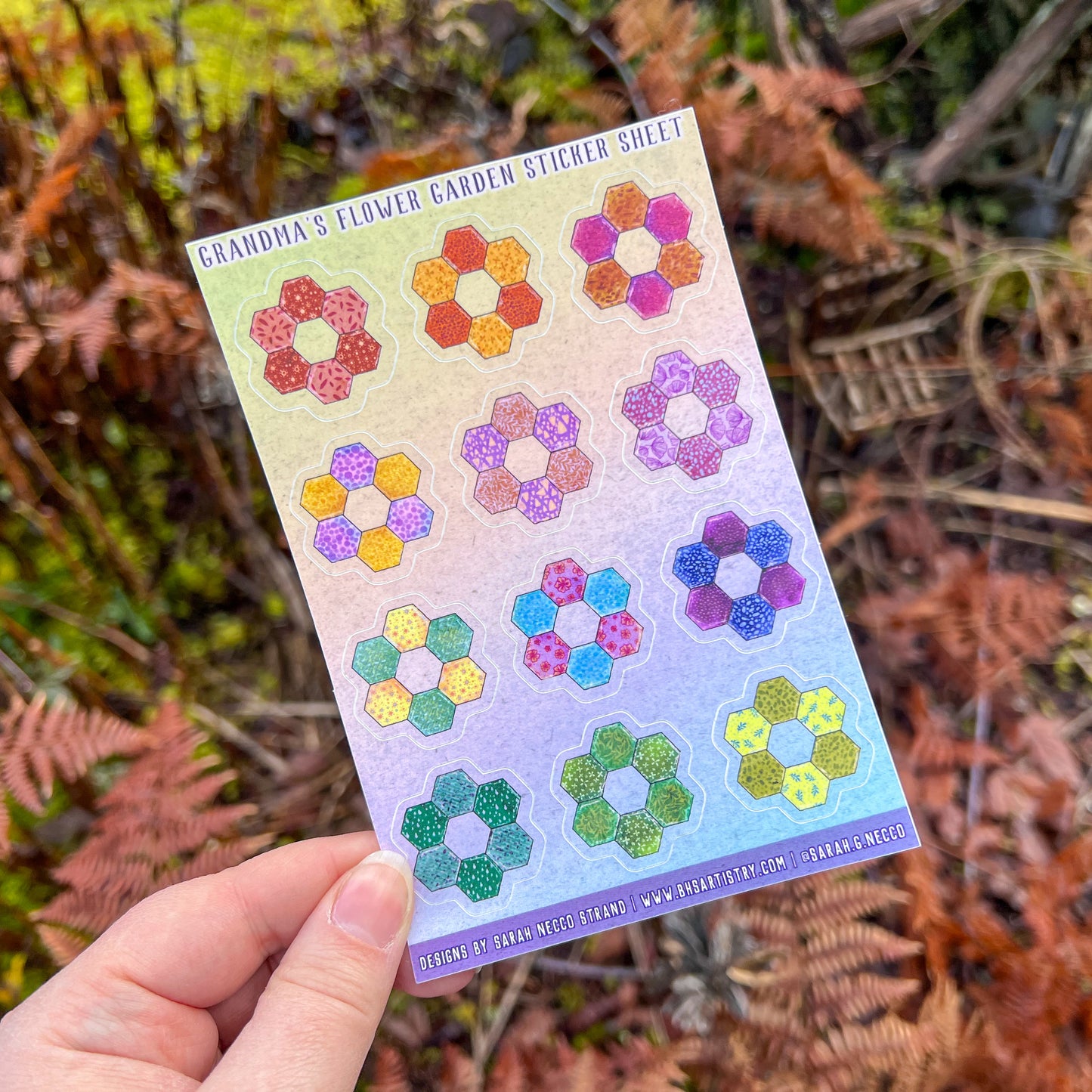 Grandma’s Flower Garden Quilt Block Sticker Sheet, Set of 12 Mini Vinyl Stickers