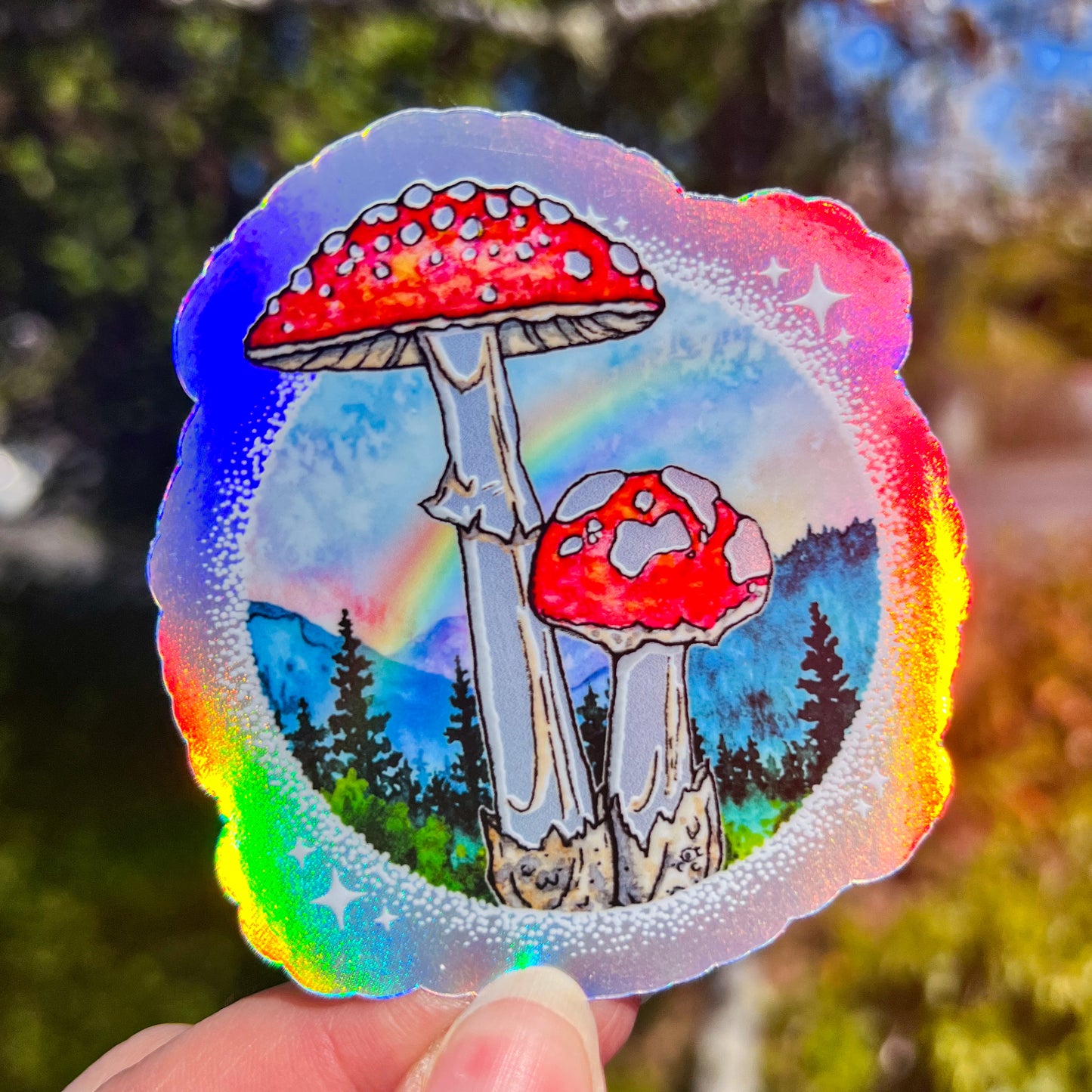 Magic Amanita muscaria, Holographic Vinyl 3" Die-Cut Sticker, Watercolor Mushroom Art