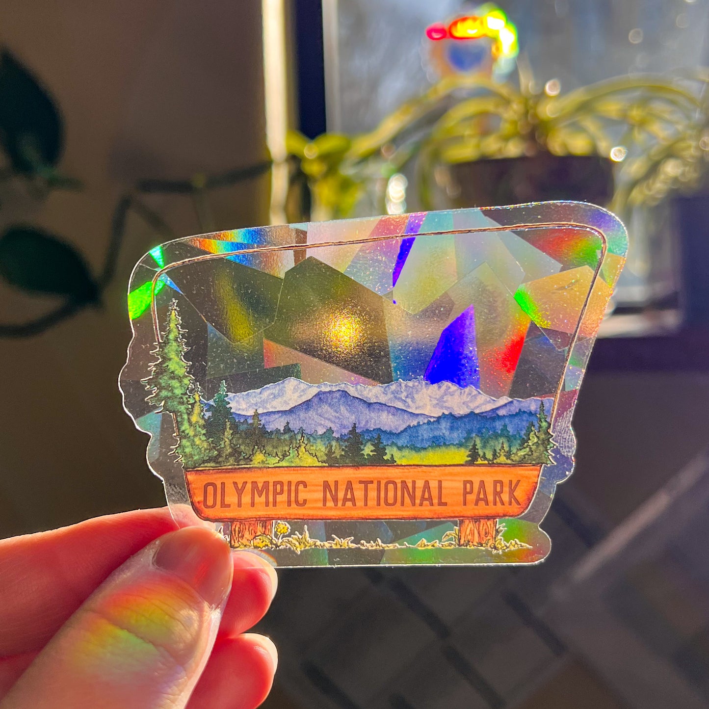 Olympic National Park Sign, 3.5" Window Suncatcher Sticker, Makes Amazing Fractal Rainbows!