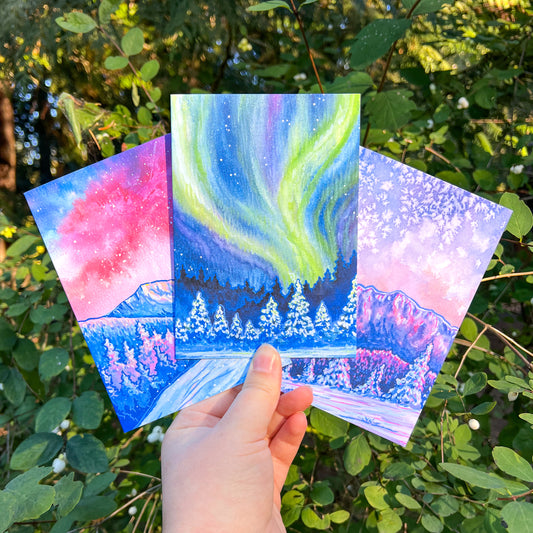 Set of 3 Winter Watercolor Landscape Greeting Cards, 4"x5.5" Blank Cards, Envelopes Included