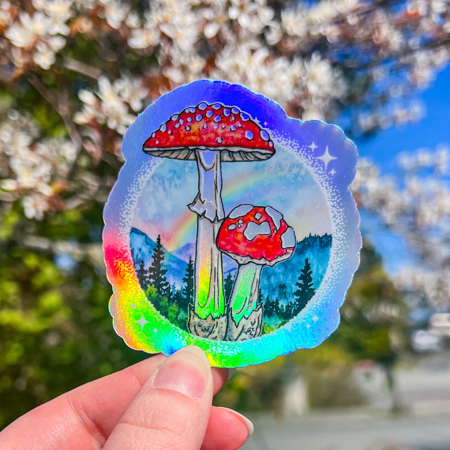 Magic Amanita muscaria, Holographic Vinyl 3" Die-Cut Sticker, Watercolor Mushroom Art