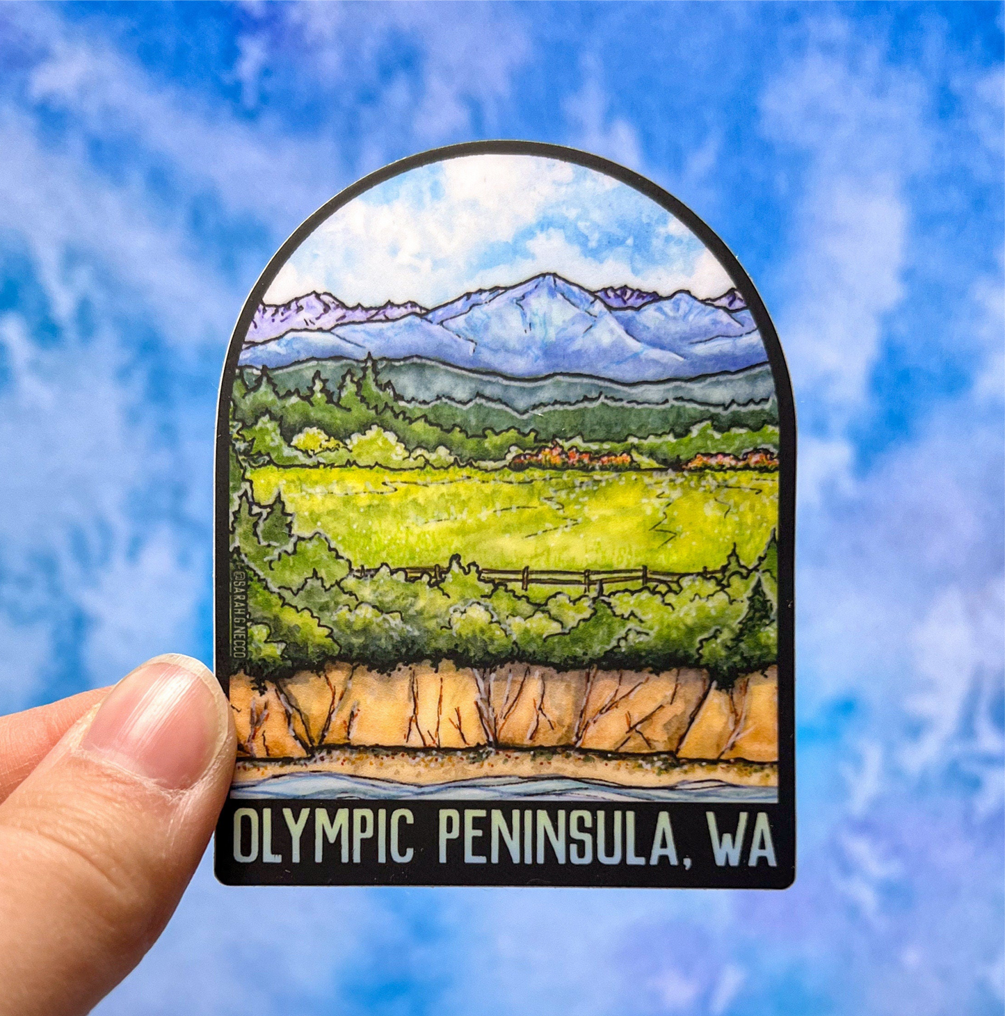 Olympic Peninsula Arch, 3” Vinyl Die-Cut Sticker, Mountains to Sea Watercolor Landscape Art, Waterproof & Dishwasher Safe Sticker