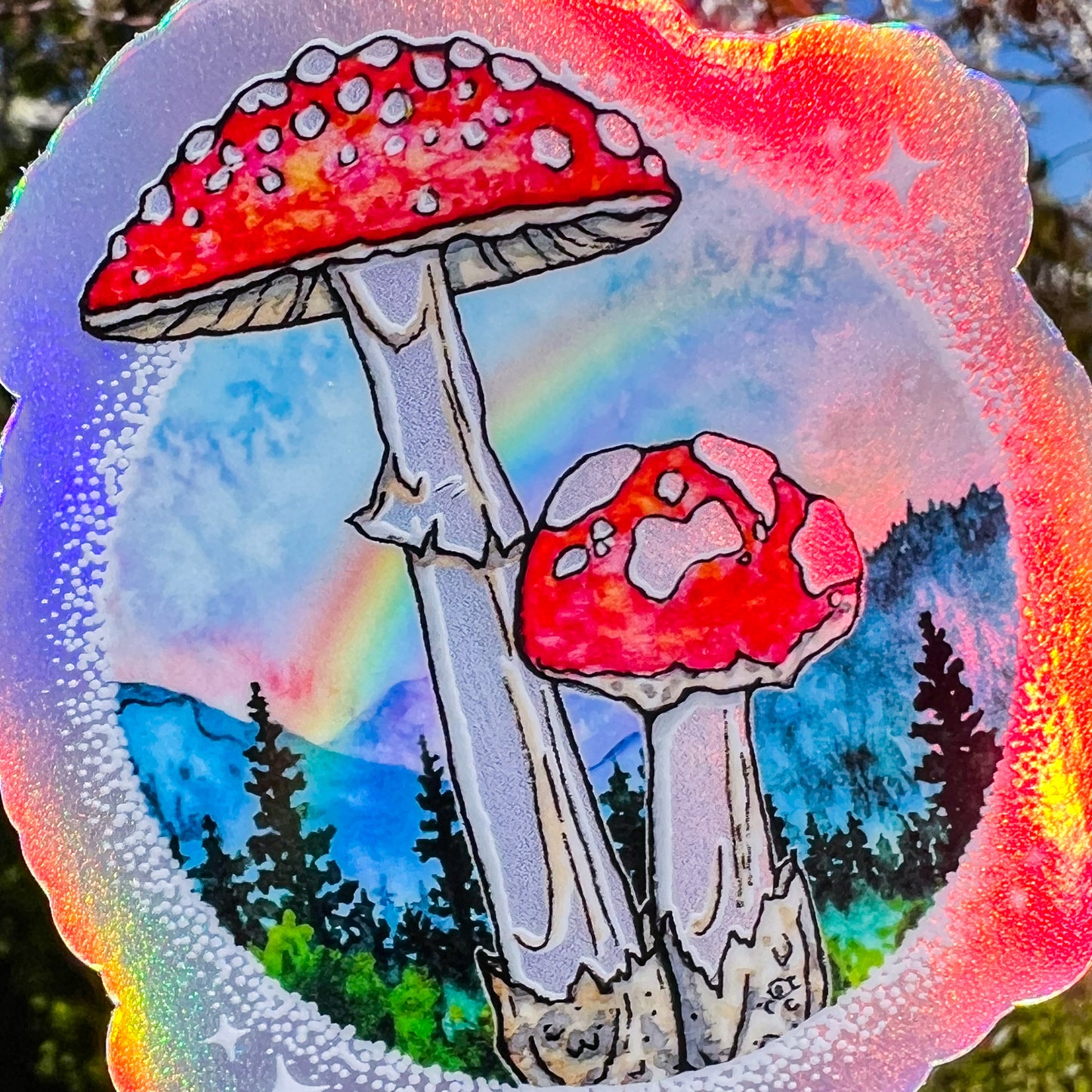 Magic Amanita muscaria, Holographic Vinyl 3" Die-Cut Sticker, Watercolor Mushroom Art