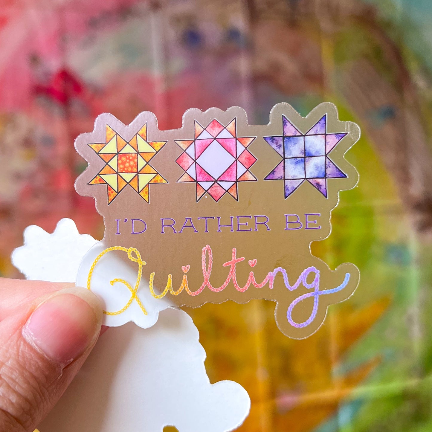 I’d Rather Be Quilting Sticker, 3" Clear Die-Cut Vinyl Sticker, Waterproof and Weatherproof