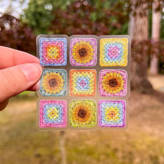 Crocheted Granny Squares, 3" Clear or Holo Die-Cut Vinyl Sticker, Waterproof & Dishwasher Safe