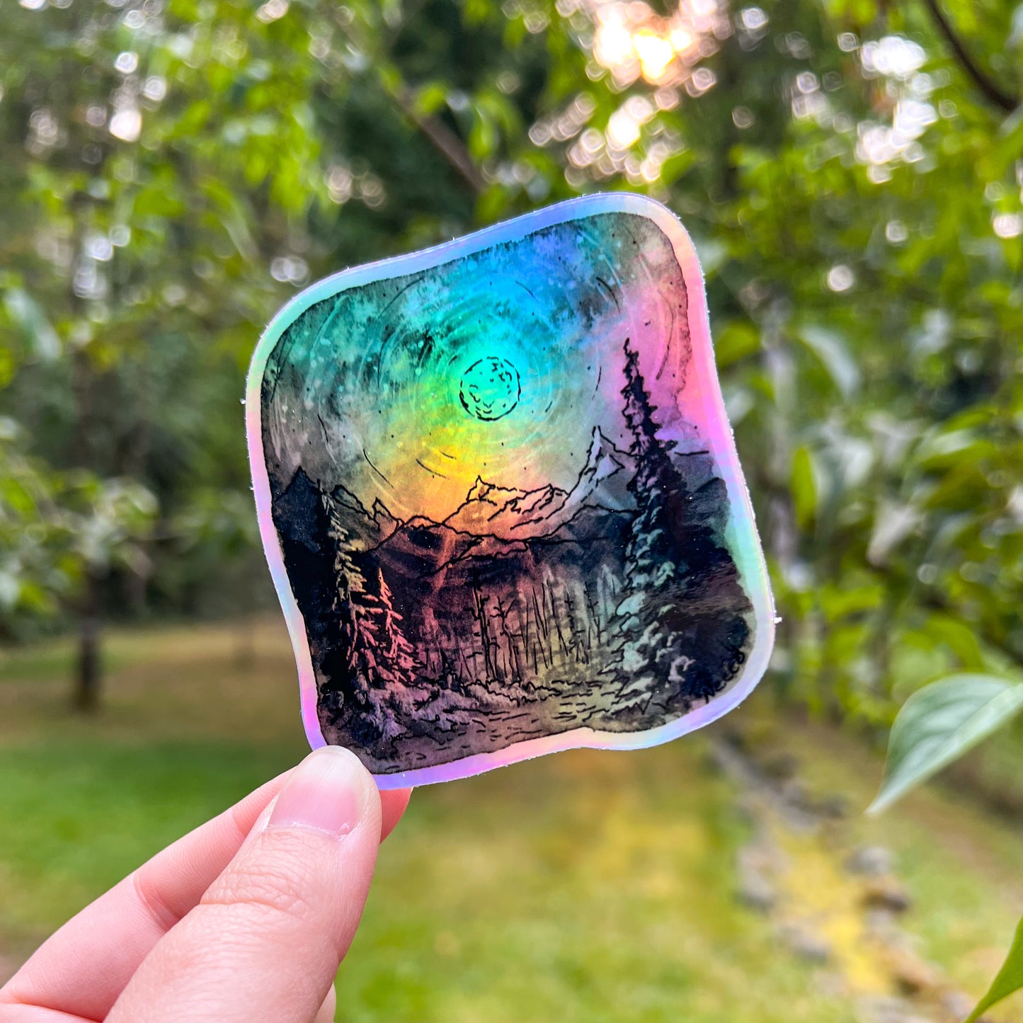 Grayscale Nighttime Landscape, 3” Holographic Watercolor Art Sticker, Weatherproof & Dishwasher Safe