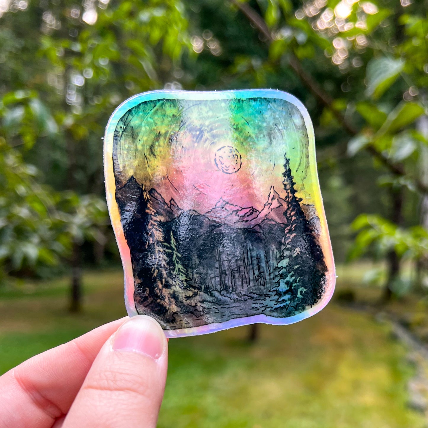 Grayscale Nighttime Landscape, 3” Holographic Watercolor Art Sticker, Weatherproof & Dishwasher Safe