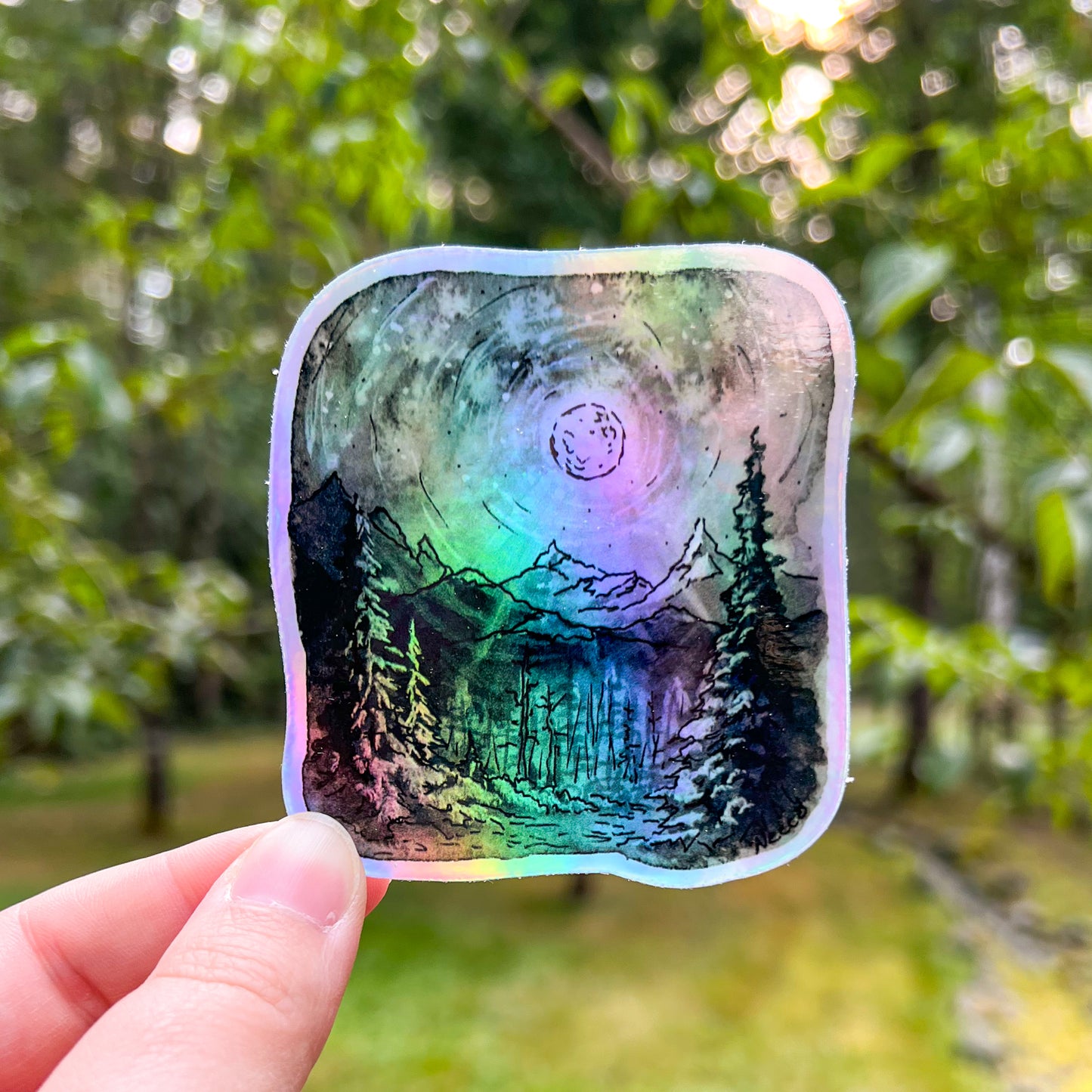 Grayscale Nighttime Landscape, 3” Holographic Watercolor Art Sticker, Weatherproof & Dishwasher Safe