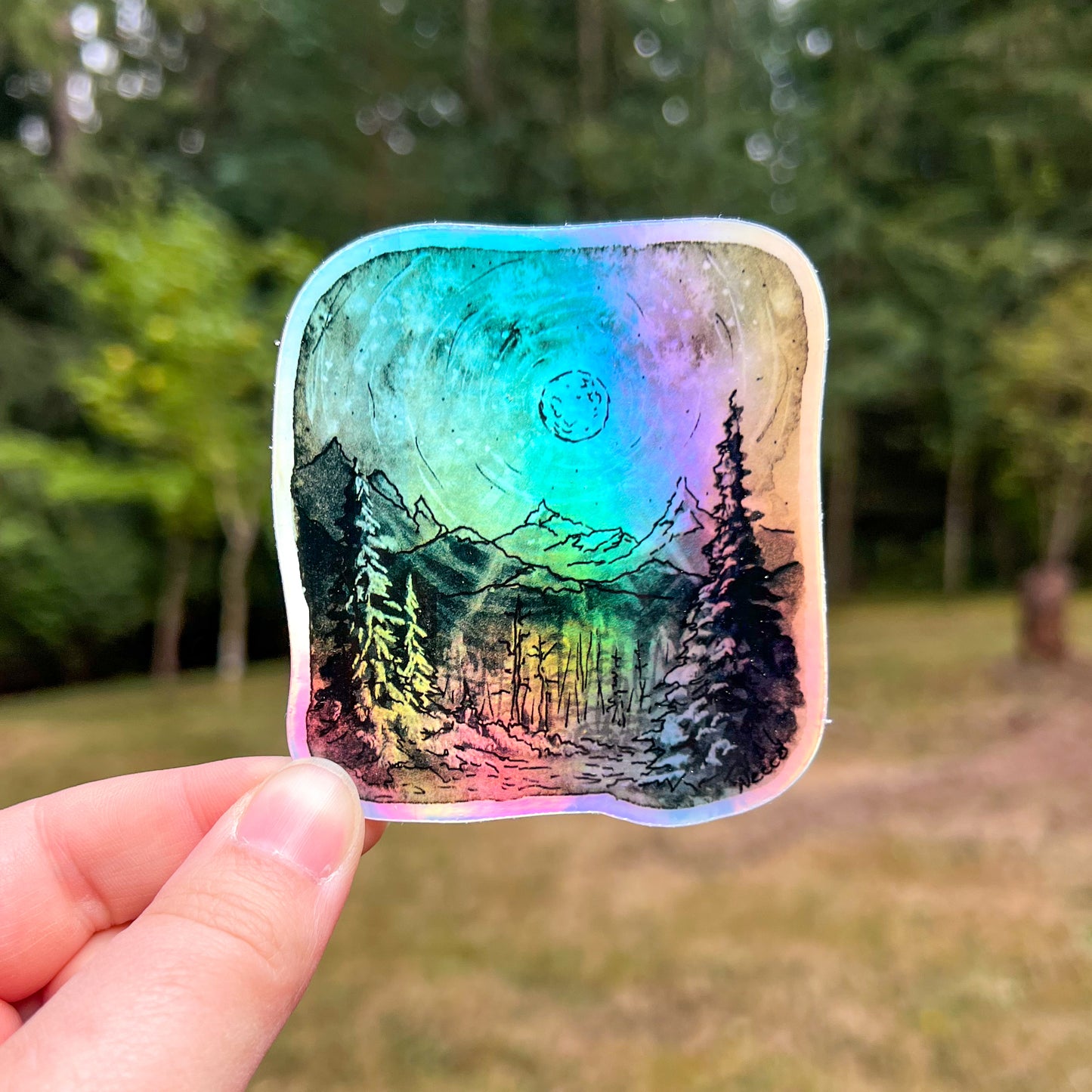 Grayscale Nighttime Landscape, 3” Holographic Watercolor Art Sticker, Weatherproof & Dishwasher Safe