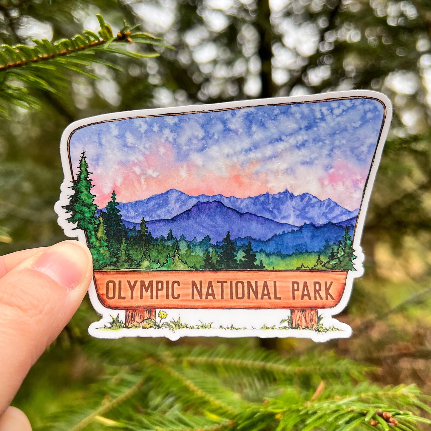 Olympic National Park Sign, Vinyl 3" White Die-Cut Sticker, WA State Landscape Art